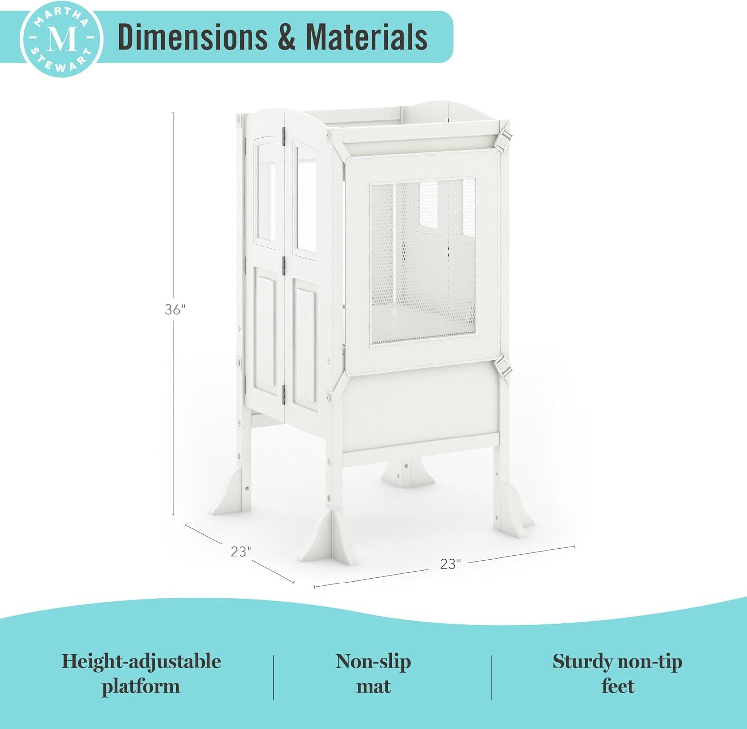 imageMartha Stewart Kitchen Helper Toddler Tower Mint Premium Kids Wood Foldable Kitchen Platform Adjustable Height Safety Step Stool for Toddlers with NonSlip Mat Mostly AssembledLinen White