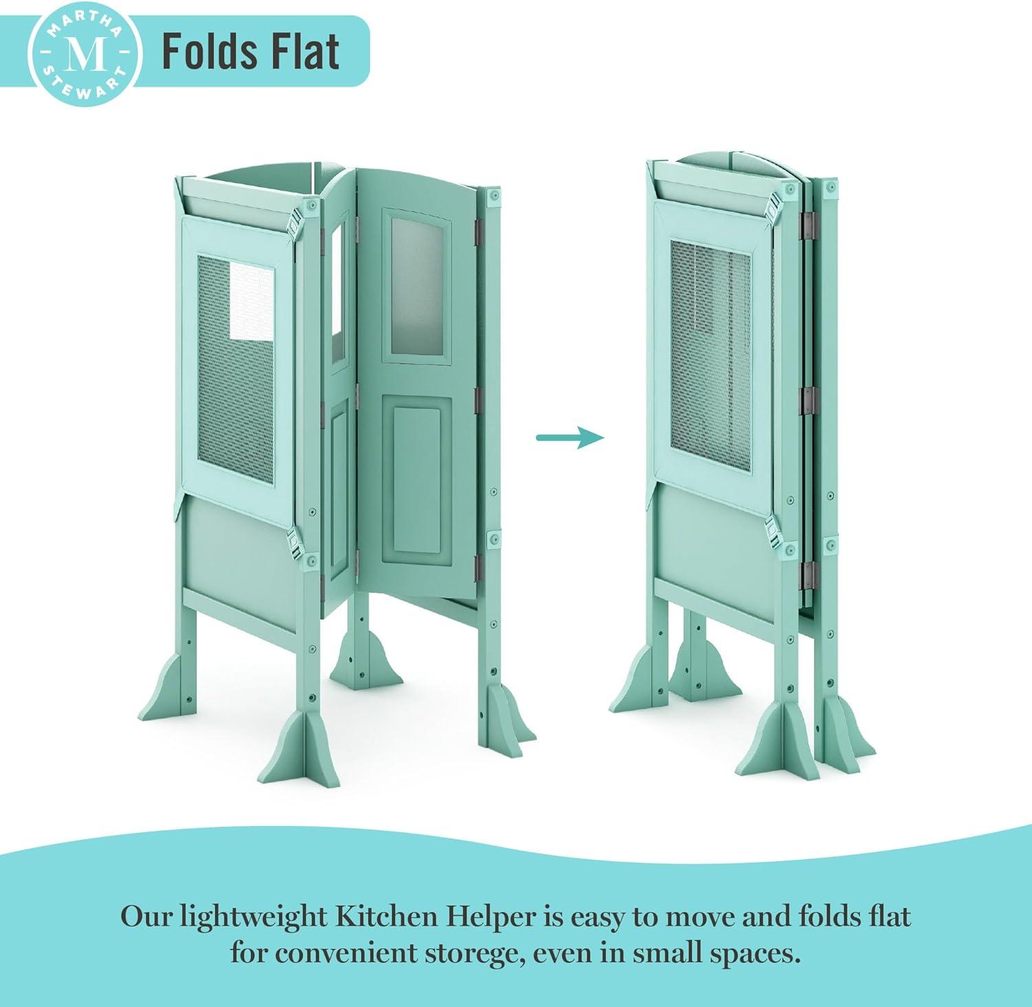 imageMartha Stewart Kitchen Helper Toddler Tower Mint Premium Kids Wood Foldable Kitchen Platform Adjustable Height Safety Step Stool for Toddlers with NonSlip Mat Mostly AssembledMint