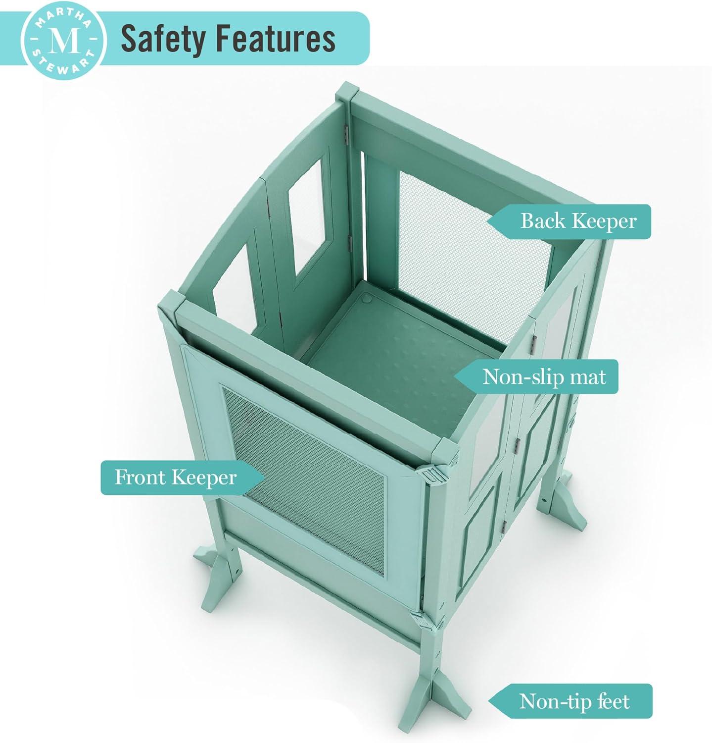 imageMartha Stewart Kitchen Helper Toddler Tower Mint Premium Kids Wood Foldable Kitchen Platform Adjustable Height Safety Step Stool for Toddlers with NonSlip Mat Mostly AssembledMint