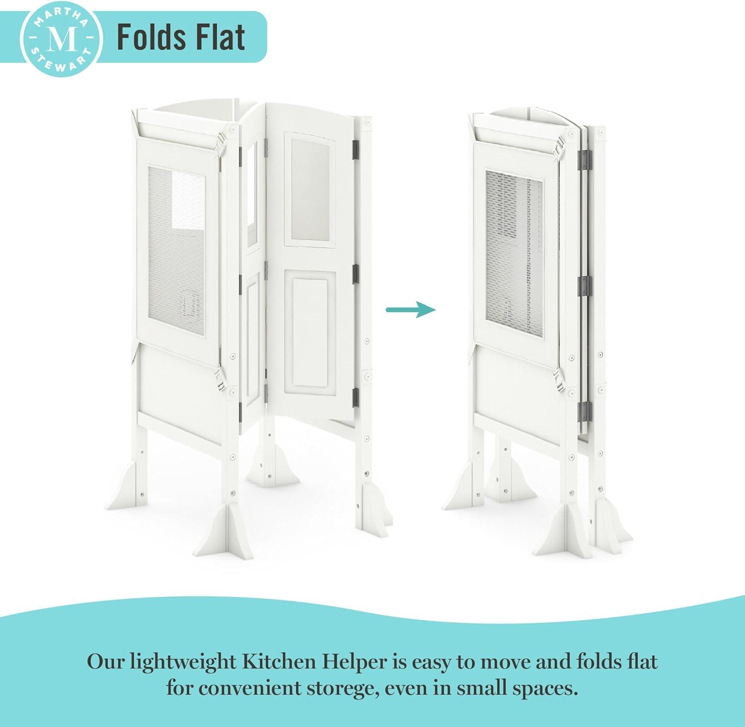 imageMartha Stewart Kitchen Helper Toddler Tower Mint Premium Kids Wood Foldable Kitchen Platform Adjustable Height Safety Step Stool for Toddlers with NonSlip Mat Mostly AssembledLinen White