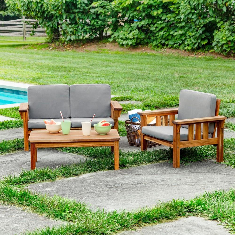 imageMartha Stewart Kids Outdoor Couch Chair amp Table Set Acacia Wood 3Piece Outdoor Furniture Set for Children Kids Picnic Table Sofa amp Chair wCushions for Backyard Garden Porch and Patio