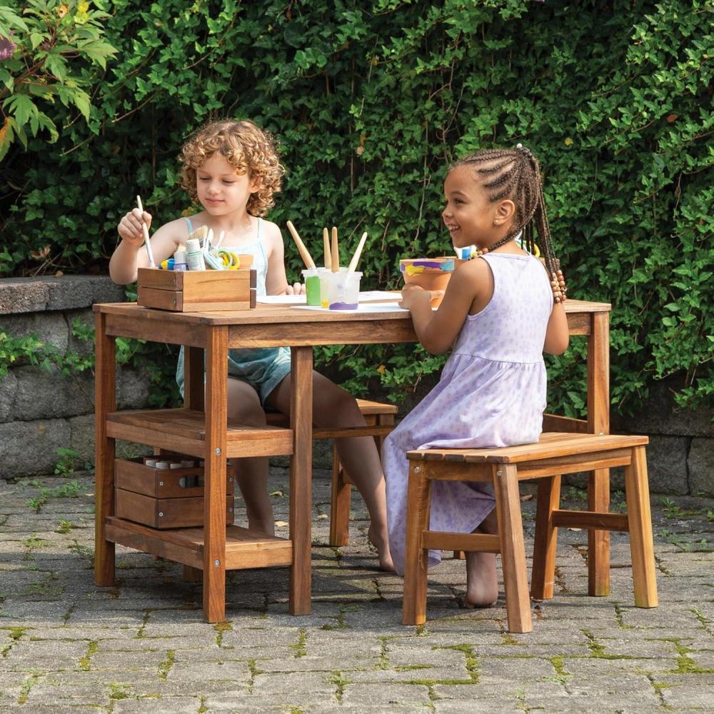 imageMartha Stewart Kids Outdoor Craft Table and 2 Bench Set Acacia Wood Activity Desk wCrate Caddy and Storage Shelves Kids Play amp Picnic Table wBenches for Backyard Patio Outdoor Classrooms