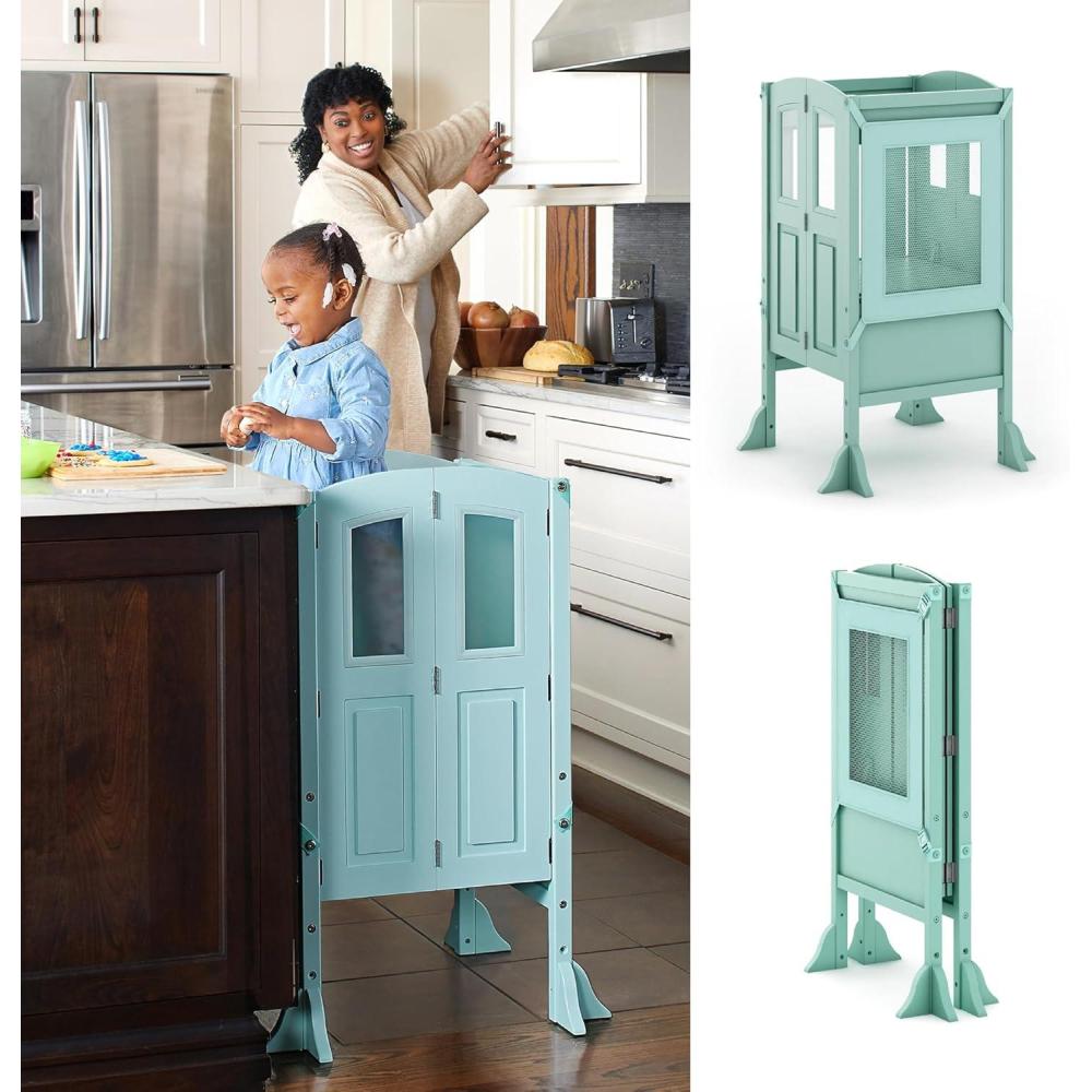 imageMartha Stewart Kitchen Helper Toddler Tower Mint Premium Kids Wood Foldable Kitchen Platform Adjustable Height Safety Step Stool for Toddlers with NonSlip Mat Mostly AssembledMint