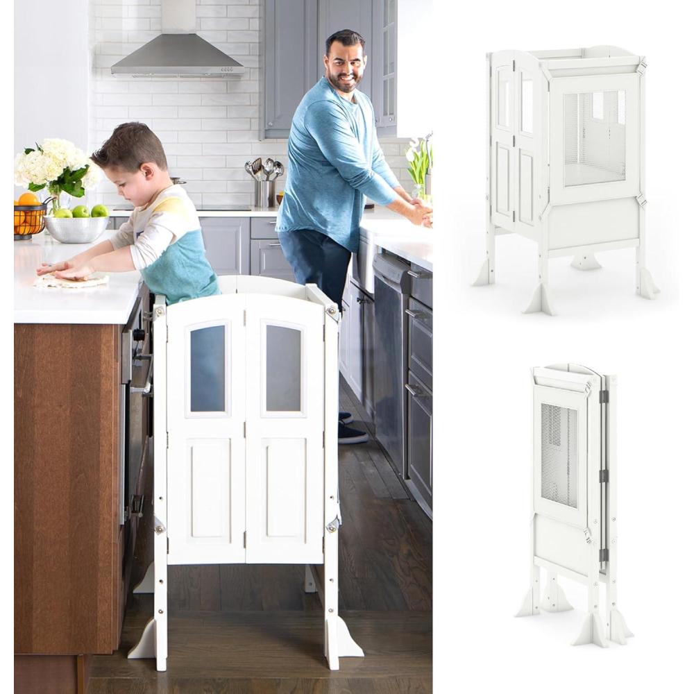 imageMartha Stewart Kitchen Helper  Toddler Tower  Mint Premium Kids Wood Foldable Kitchen Platform Adjustable Height Safety Step Stool for Toddlers with NonSlip Mat Mostly AssembledLinen White