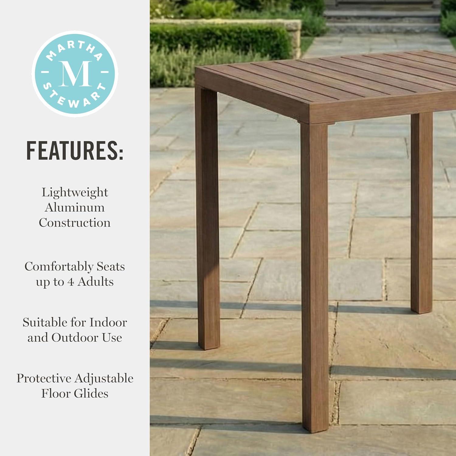 imageMartha Stewart Bedford 355 Square Bar Height Patio Table with Trestle Base IndoorOutdoor Aluminum Dining Table with Seating for 4 Brushed Gray Woodgrain FinishBrown