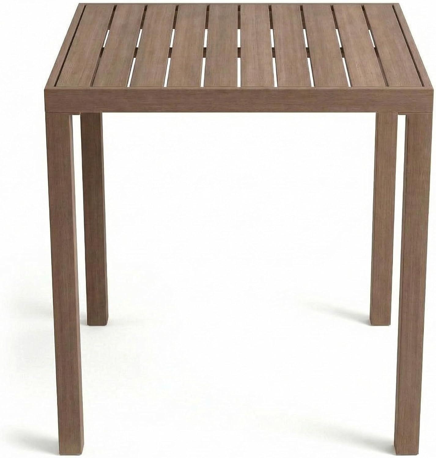 imageMartha Stewart Bedford 355 Square Bar Height Patio Table with Trestle Base IndoorOutdoor Aluminum Dining Table with Seating for 4 Brushed Gray Woodgrain FinishBrown