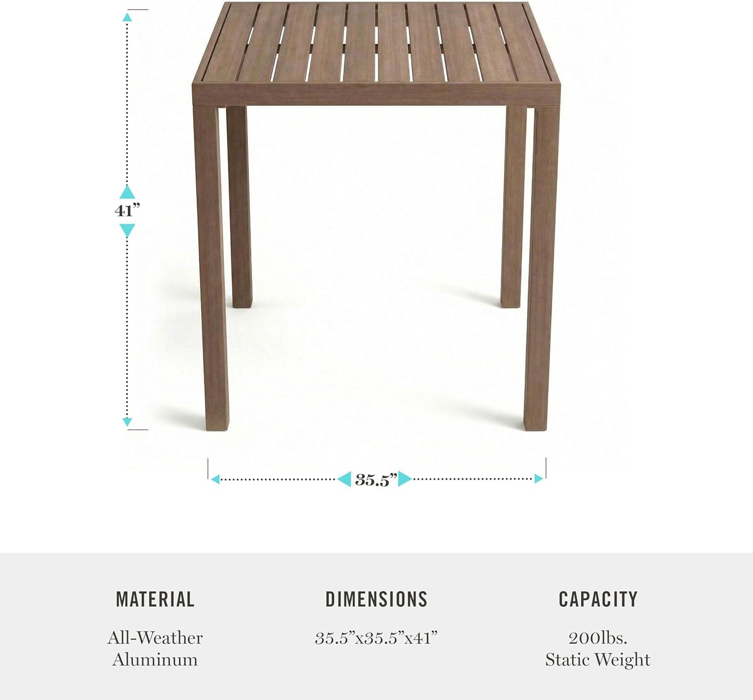 imageMartha Stewart Bedford 355 Square Bar Height Patio Table with Trestle Base IndoorOutdoor Aluminum Dining Table with Seating for 4 Brushed Gray Woodgrain FinishBrown
