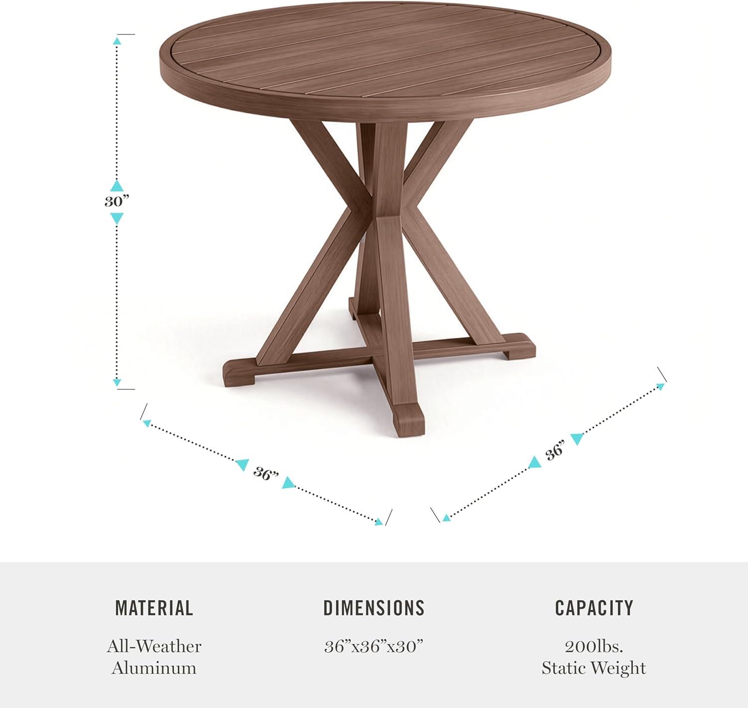 imageMartha Stewart Bedford 36 Round IndoorOutdoor Aluminum Patio Dining Table with Trestle Base Accommodates up to 4 Adults Brushed Brown Woodgrain FinishBrown