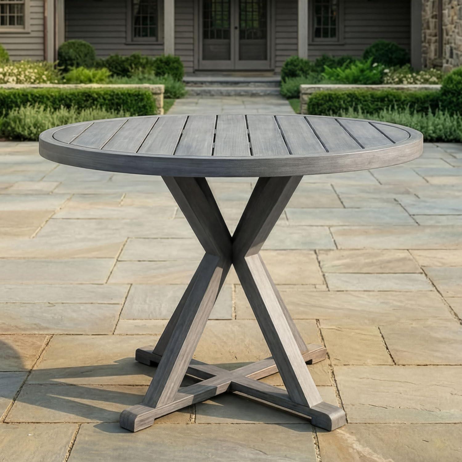 imageMartha Stewart Bedford 36 Round IndoorOutdoor Aluminum Patio Dining Table with Trestle Base Accommodates up to 4 Adults Brushed Brown Woodgrain FinishGrey