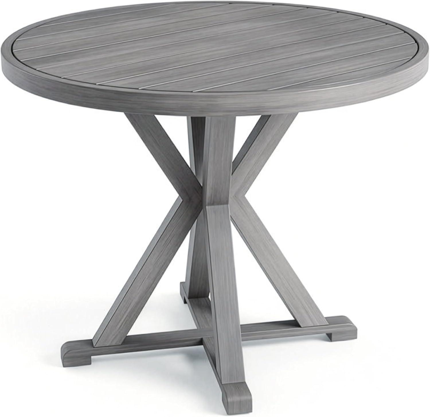 imageMartha Stewart Bedford 36 Round IndoorOutdoor Aluminum Patio Dining Table with Trestle Base Accommodates up to 4 Adults Brushed Brown Woodgrain FinishGrey