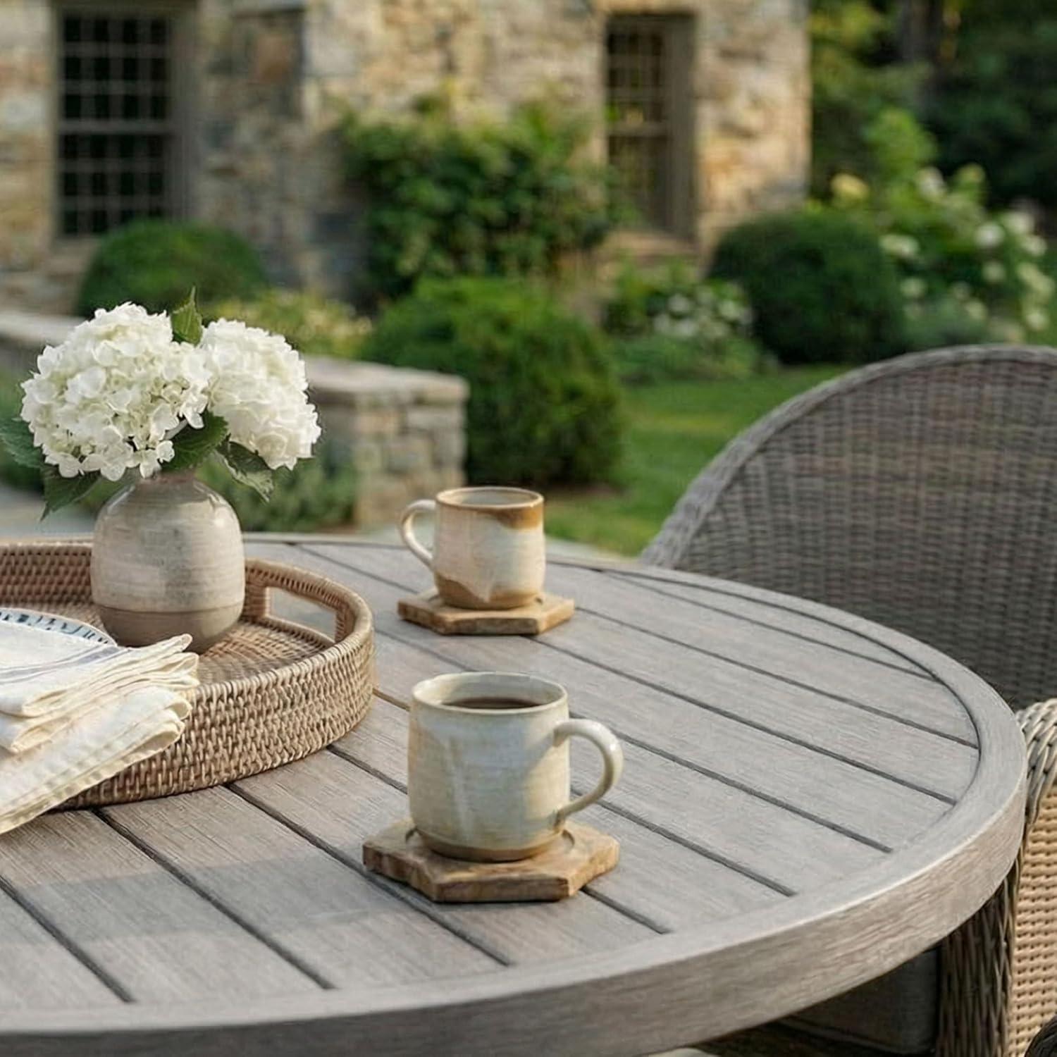 imageMartha Stewart Bedford 36 Round IndoorOutdoor Aluminum Patio Dining Table with Trestle Base Accommodates up to 4 Adults Brushed Brown Woodgrain FinishGrey