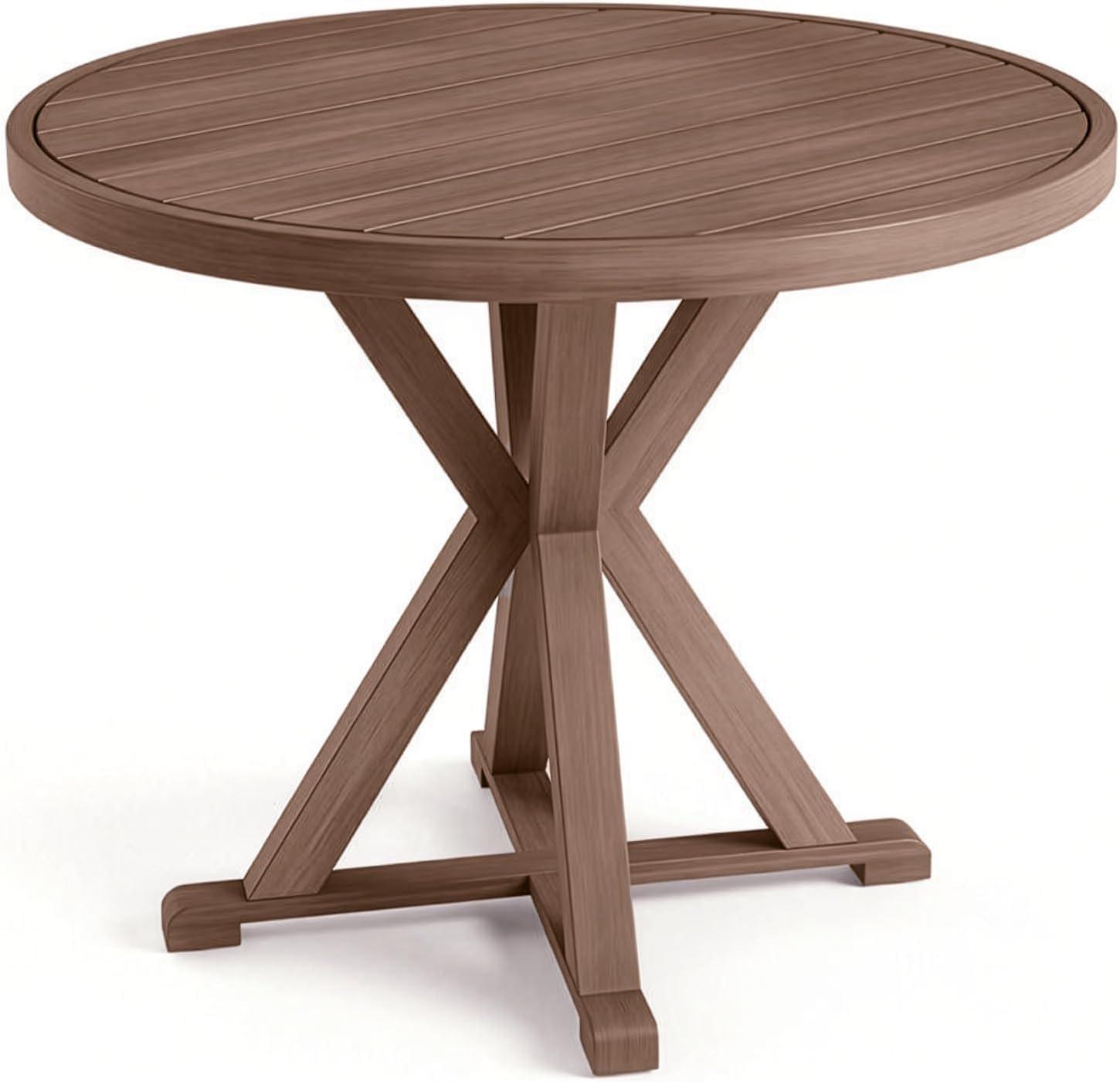 imageMartha Stewart Bedford 36 Round IndoorOutdoor Aluminum Patio Dining Table with Trestle Base Accommodates up to 4 Adults Brushed Brown Woodgrain FinishBrown