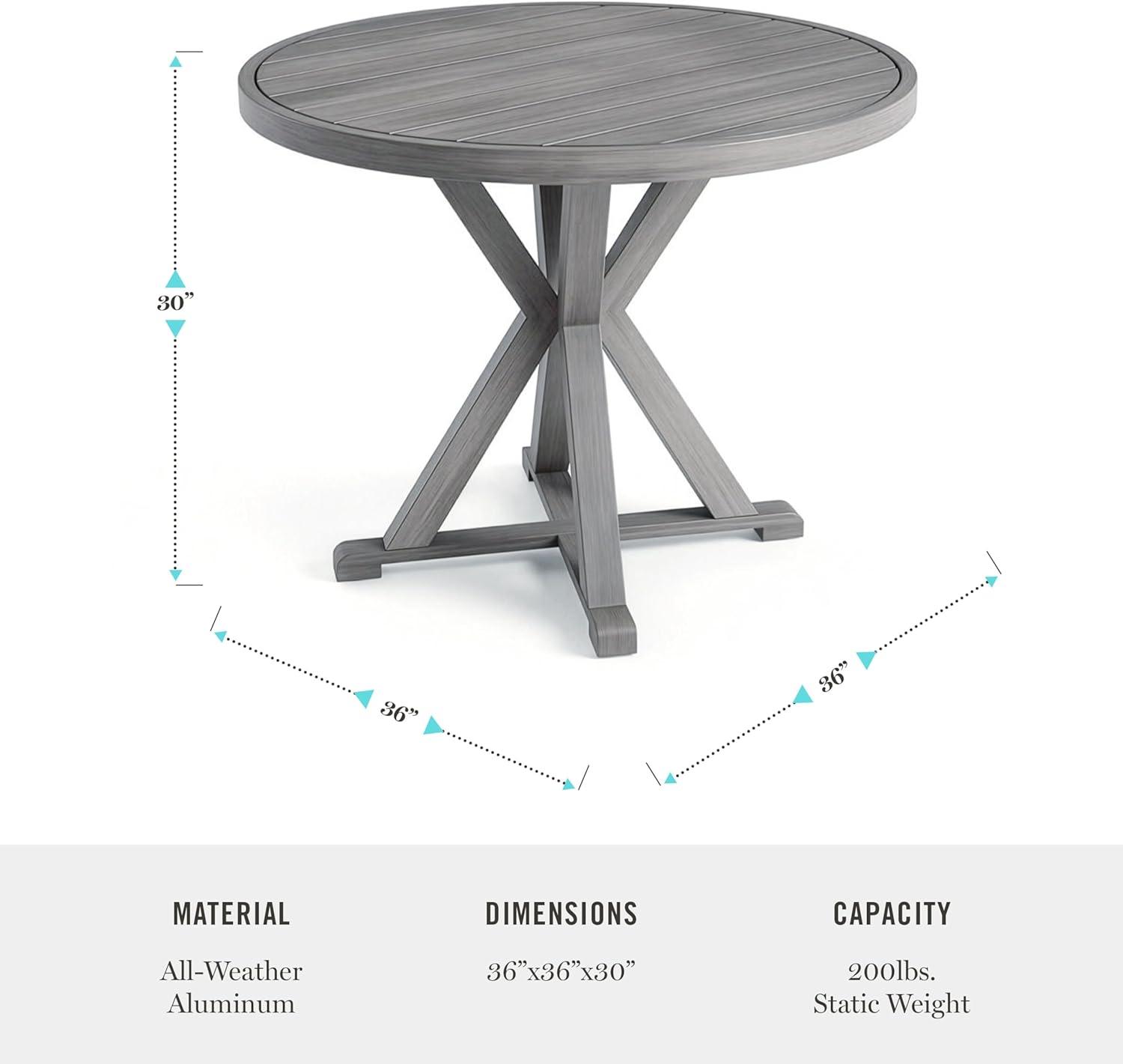 imageMartha Stewart Bedford 36 Round IndoorOutdoor Aluminum Patio Dining Table with Trestle Base Accommodates up to 4 Adults Brushed Brown Woodgrain FinishGrey