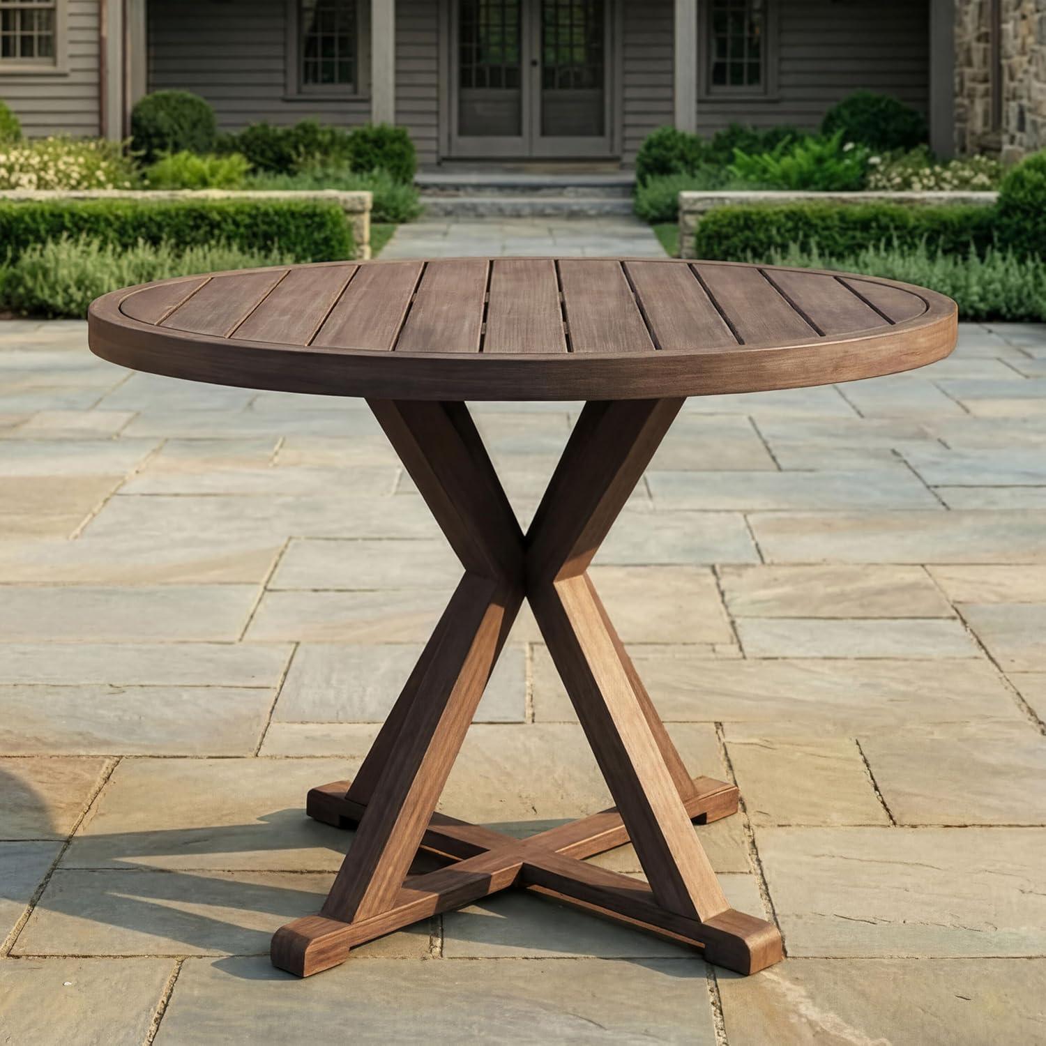 imageMartha Stewart Bedford 36 Round IndoorOutdoor Aluminum Patio Dining Table with Trestle Base Accommodates up to 4 Adults Brushed Brown Woodgrain FinishBrown