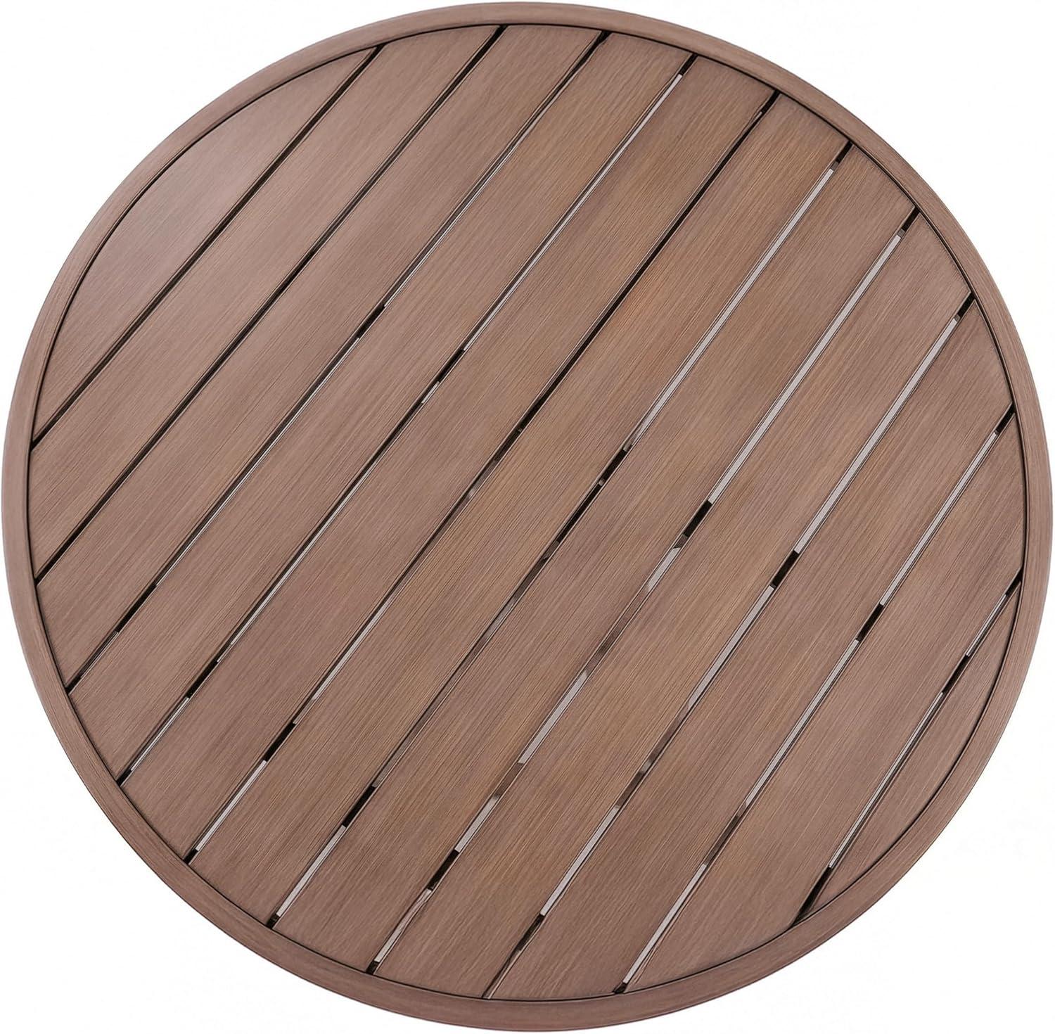 imageMartha Stewart Bedford 36 Round IndoorOutdoor Aluminum Patio Dining Table with Trestle Base Accommodates up to 4 Adults Brushed Brown Woodgrain FinishBrown