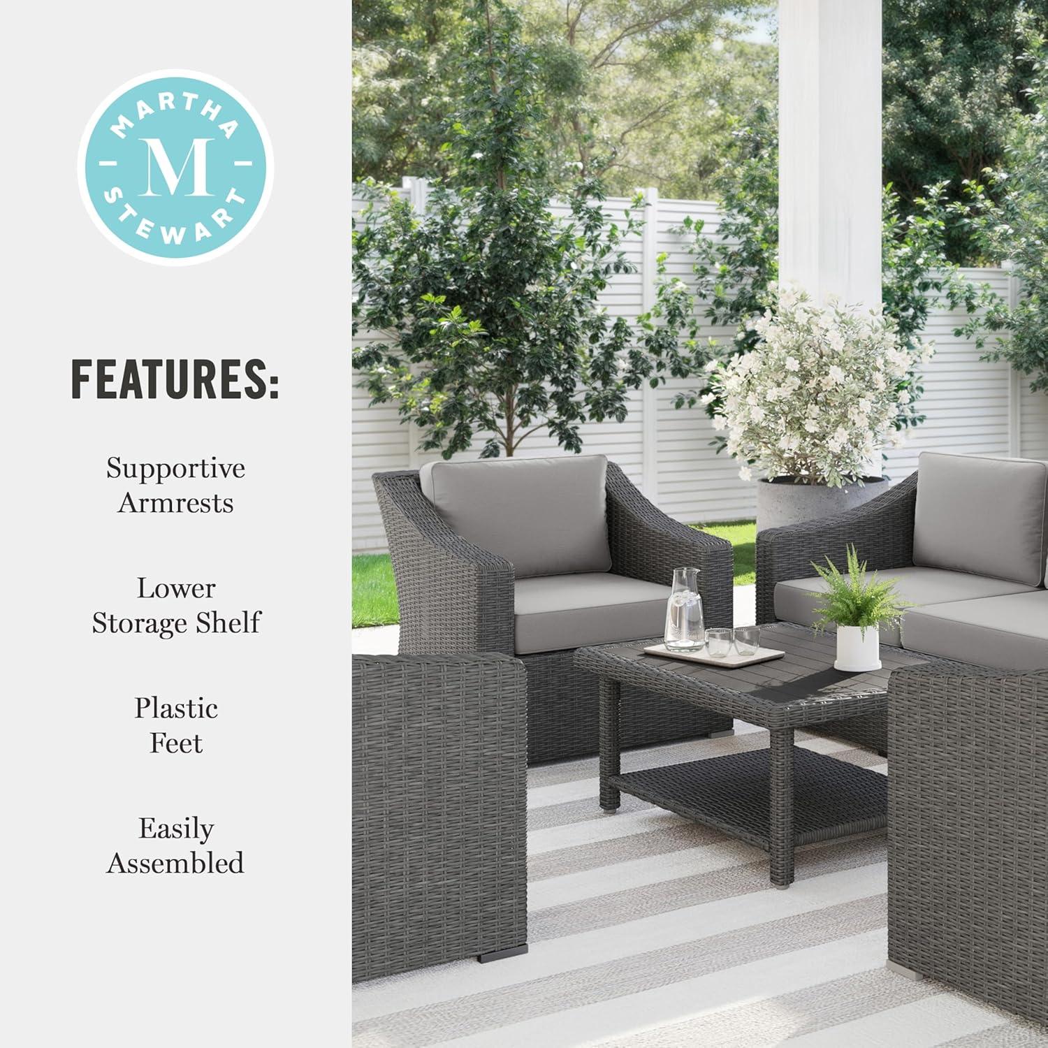 imageMartha Stewart Bedford 4Piece IndoorOutdoor Conversation Set with Sofa 2 Accent Chairs and Coffee Table in Gray Rattan Wicker with Gray AllWeather CushionsGray CushionsGray Frame