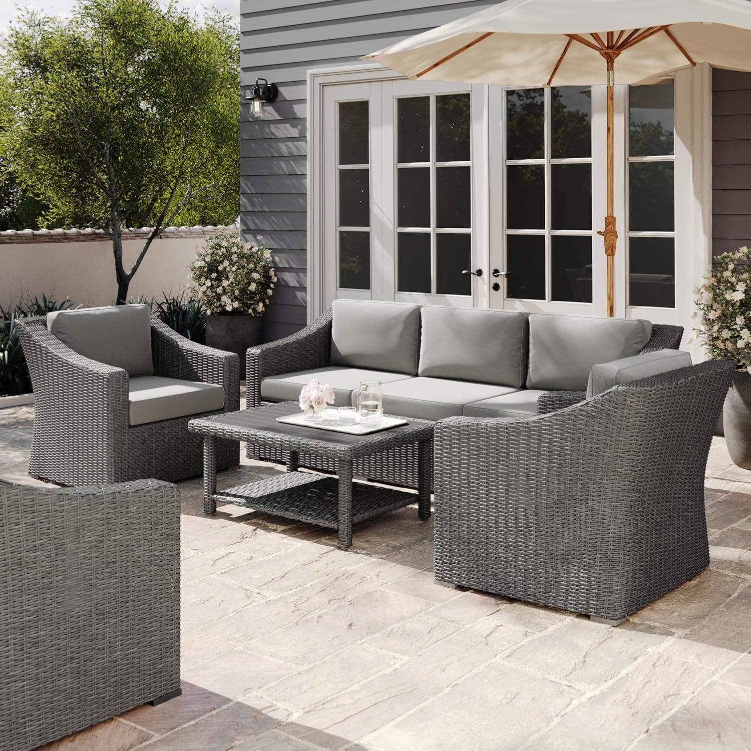 imageMartha Stewart Bedford 4Piece IndoorOutdoor Conversation Set with Sofa 2 Accent Chairs and Coffee Table in Gray Rattan Wicker with Gray AllWeather CushionsGray CushionsGray Frame