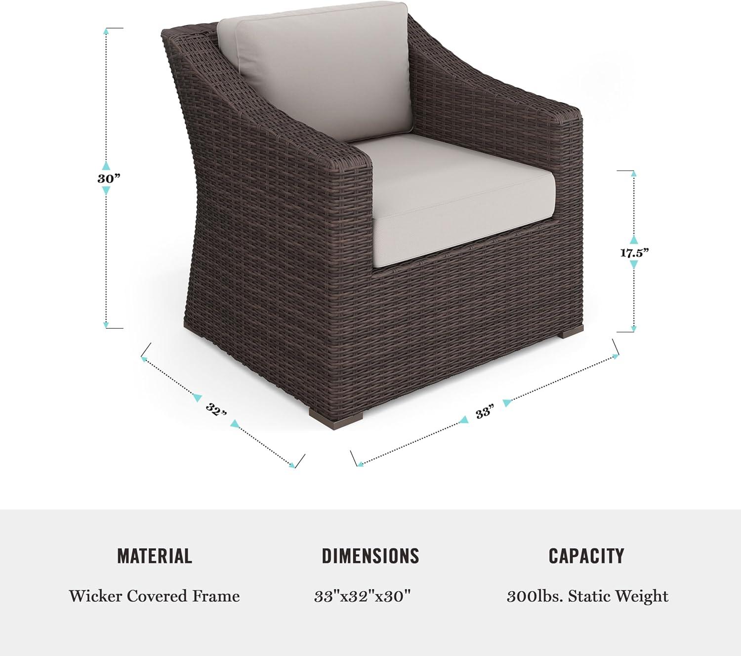 imageMartha Stewart Bedford 4Piece IndoorOutdoor Conversation Set with Sofa 2 Accent Chairs and Coffee Table in Gray Rattan Wicker with Gray AllWeather CushionsTan CushionsBrown Frame