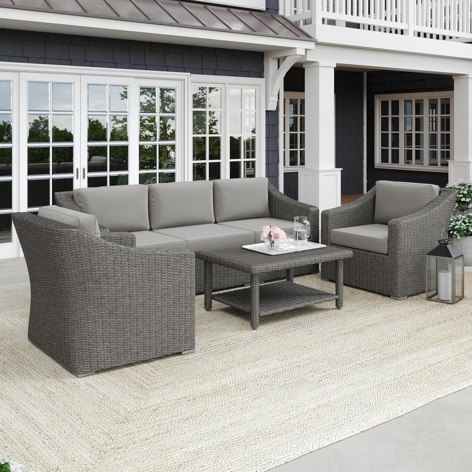 imageMartha Stewart Bedford 4Piece IndoorOutdoor Conversation Set with Sofa 2 Accent Chairs and Coffee Table in Gray Rattan Wicker with Gray AllWeather CushionsGray CushionsGray Frame