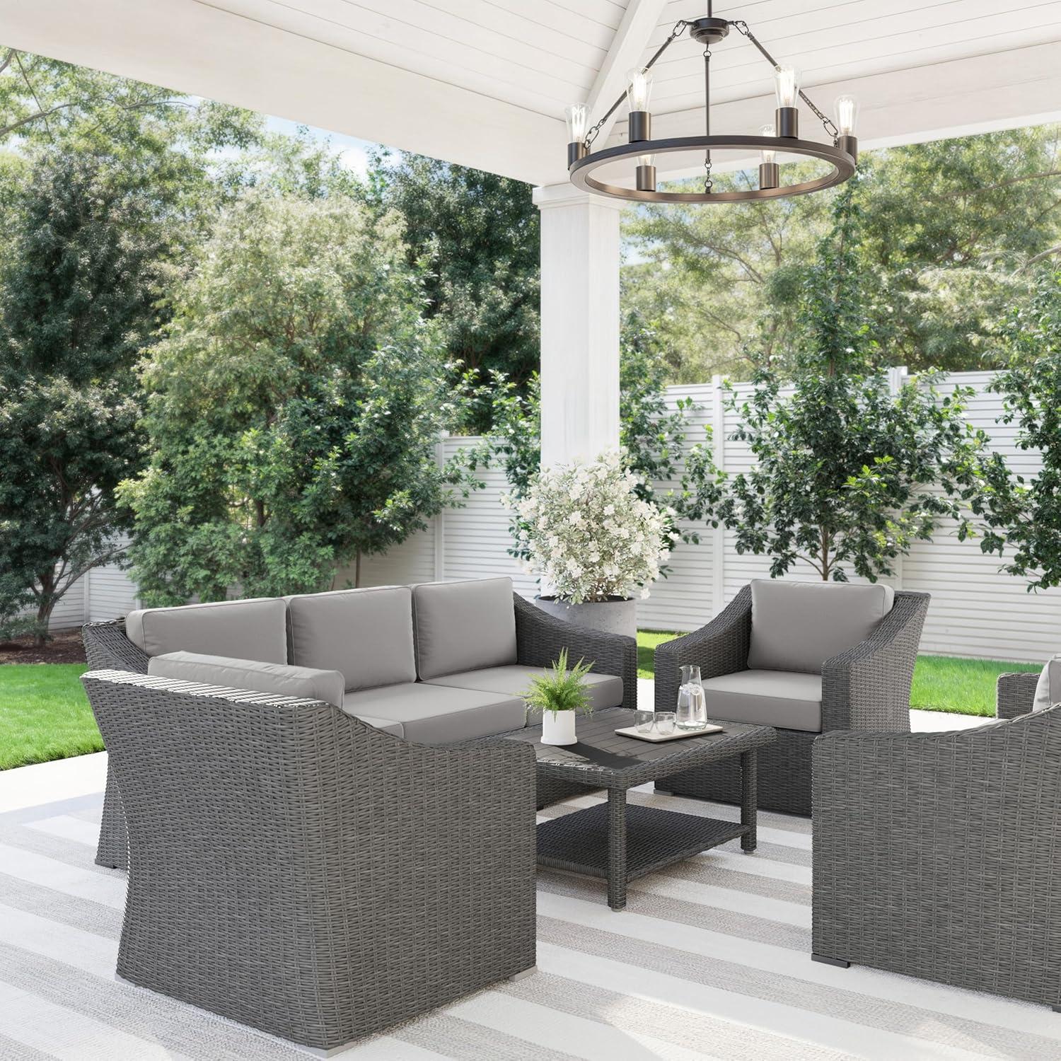 imageMartha Stewart Bedford 4Piece IndoorOutdoor Conversation Set with Sofa 2 Accent Chairs and Coffee Table in Gray Rattan Wicker with Gray AllWeather CushionsGray CushionsGray Frame