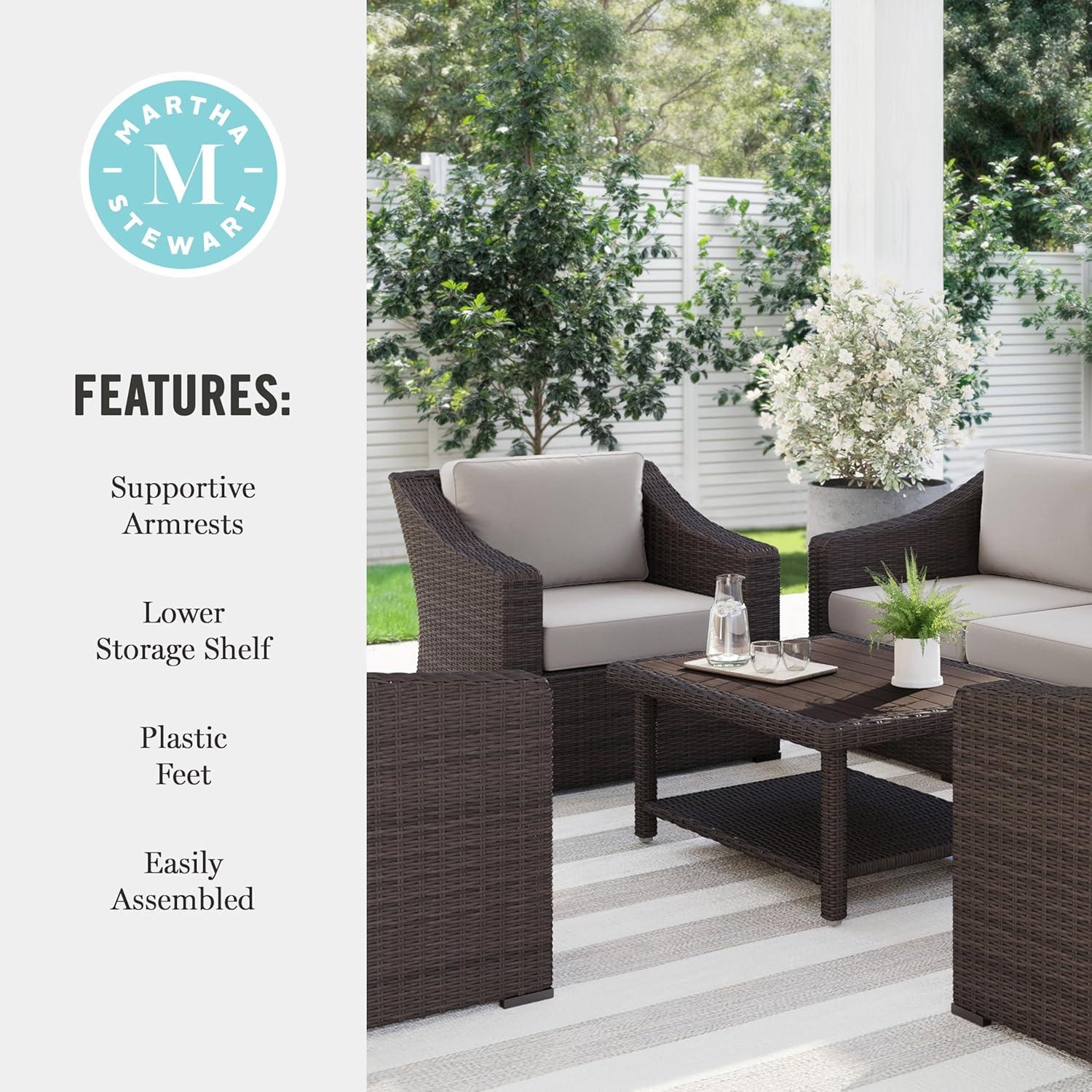 imageMartha Stewart Bedford 4Piece IndoorOutdoor Conversation Set with Sofa 2 Accent Chairs and Coffee Table in Gray Rattan Wicker with Gray AllWeather CushionsTan CushionsBrown Frame