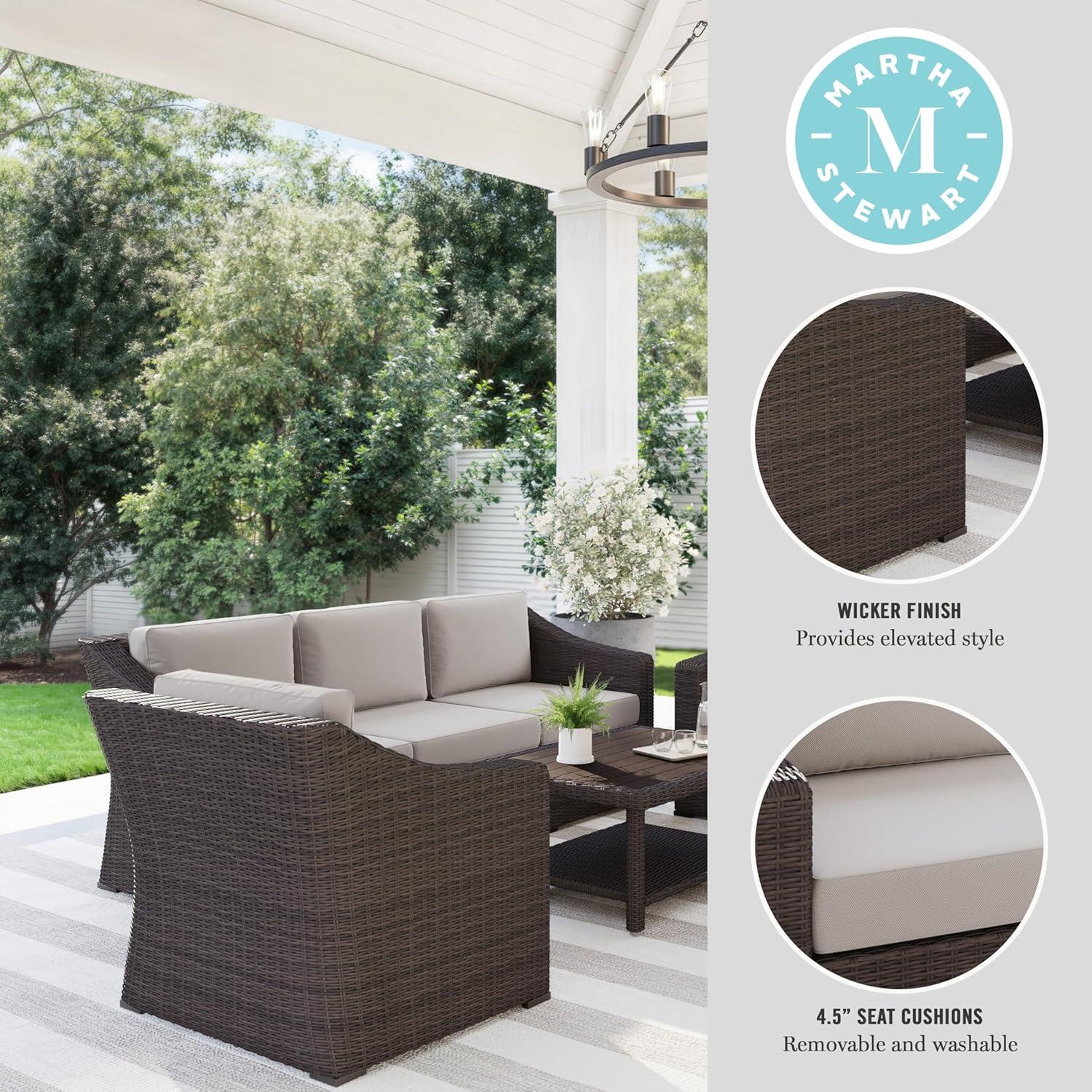 imageMartha Stewart Bedford 4Piece IndoorOutdoor Conversation Set with Sofa 2 Accent Chairs and Coffee Table in Gray Rattan Wicker with Gray AllWeather CushionsTan CushionsBrown Frame
