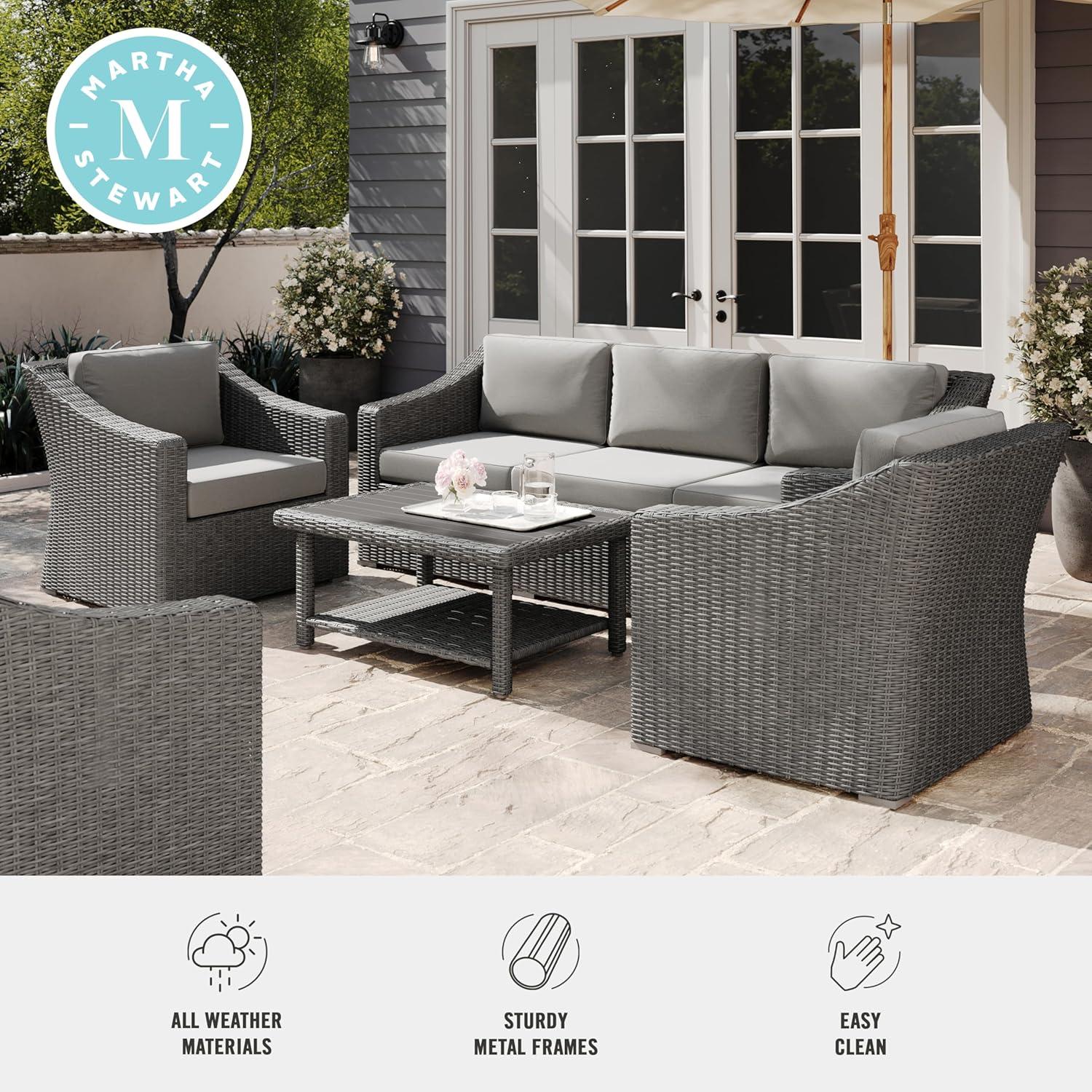 imageMartha Stewart Bedford 4Piece IndoorOutdoor Conversation Set with Sofa 2 Accent Chairs and Coffee Table in Gray Rattan Wicker with Gray AllWeather CushionsGray CushionsGray Frame