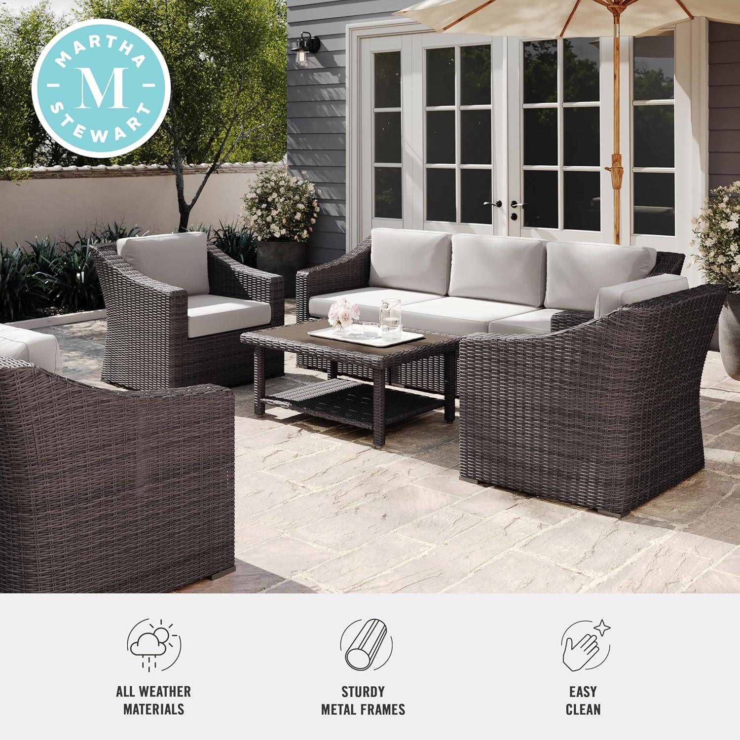 imageMartha Stewart Bedford 4Piece IndoorOutdoor Conversation Set with Sofa 2 Accent Chairs and Coffee Table in Gray Rattan Wicker with Gray AllWeather CushionsTan CushionsBrown Frame