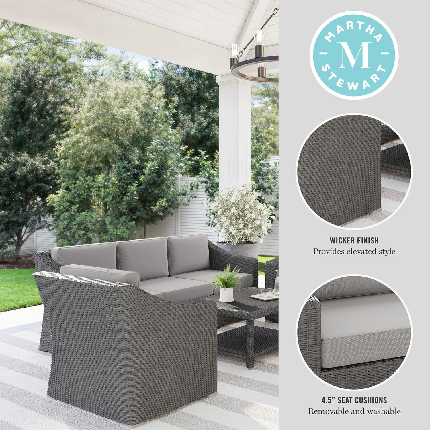 imageMartha Stewart Bedford 4Piece IndoorOutdoor Conversation Set with Sofa 2 Accent Chairs and Coffee Table in Gray Rattan Wicker with Gray AllWeather CushionsGray CushionsGray Frame