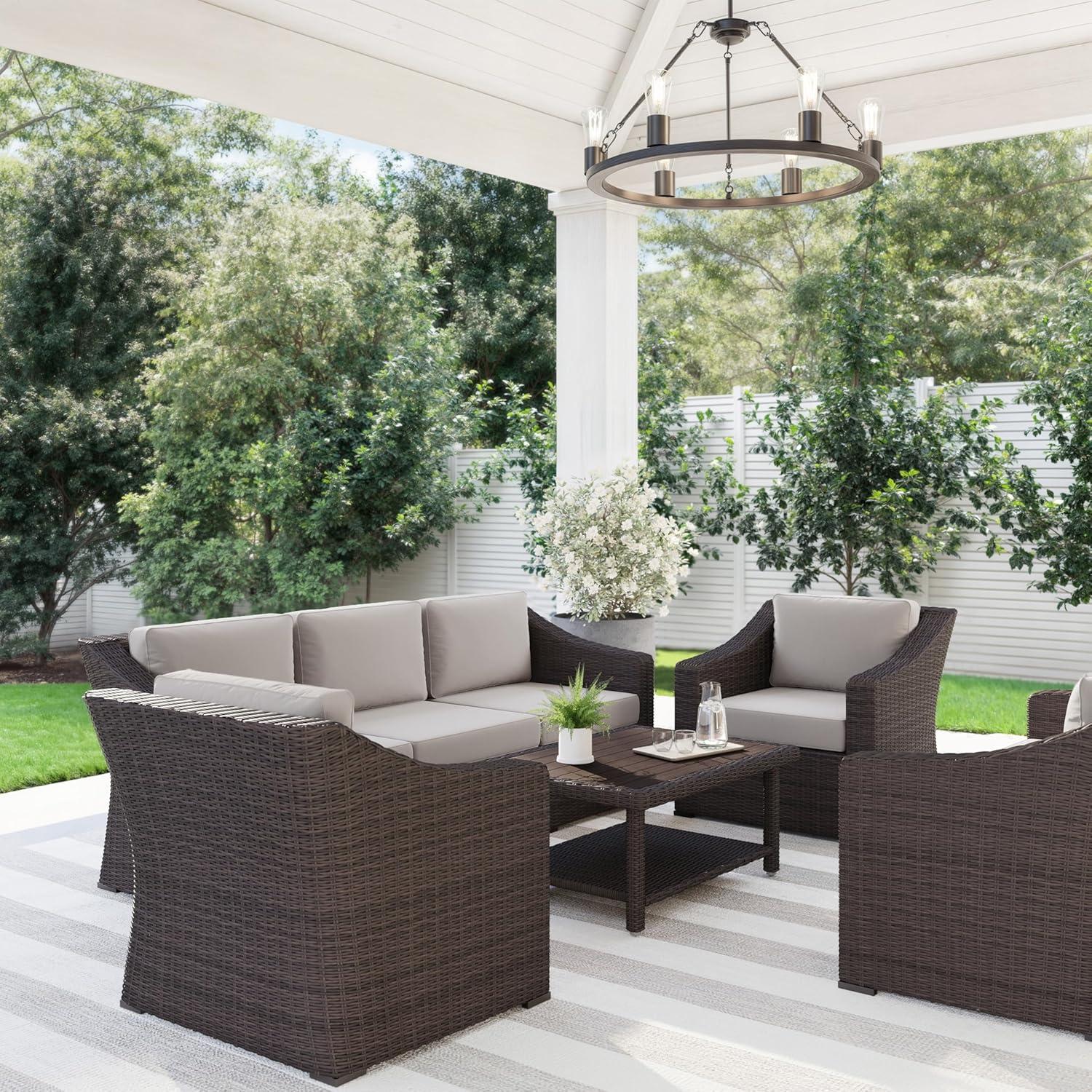 imageMartha Stewart Bedford 4Piece IndoorOutdoor Conversation Set with Sofa 2 Accent Chairs and Coffee Table in Gray Rattan Wicker with Gray AllWeather CushionsTan CushionsBrown Frame