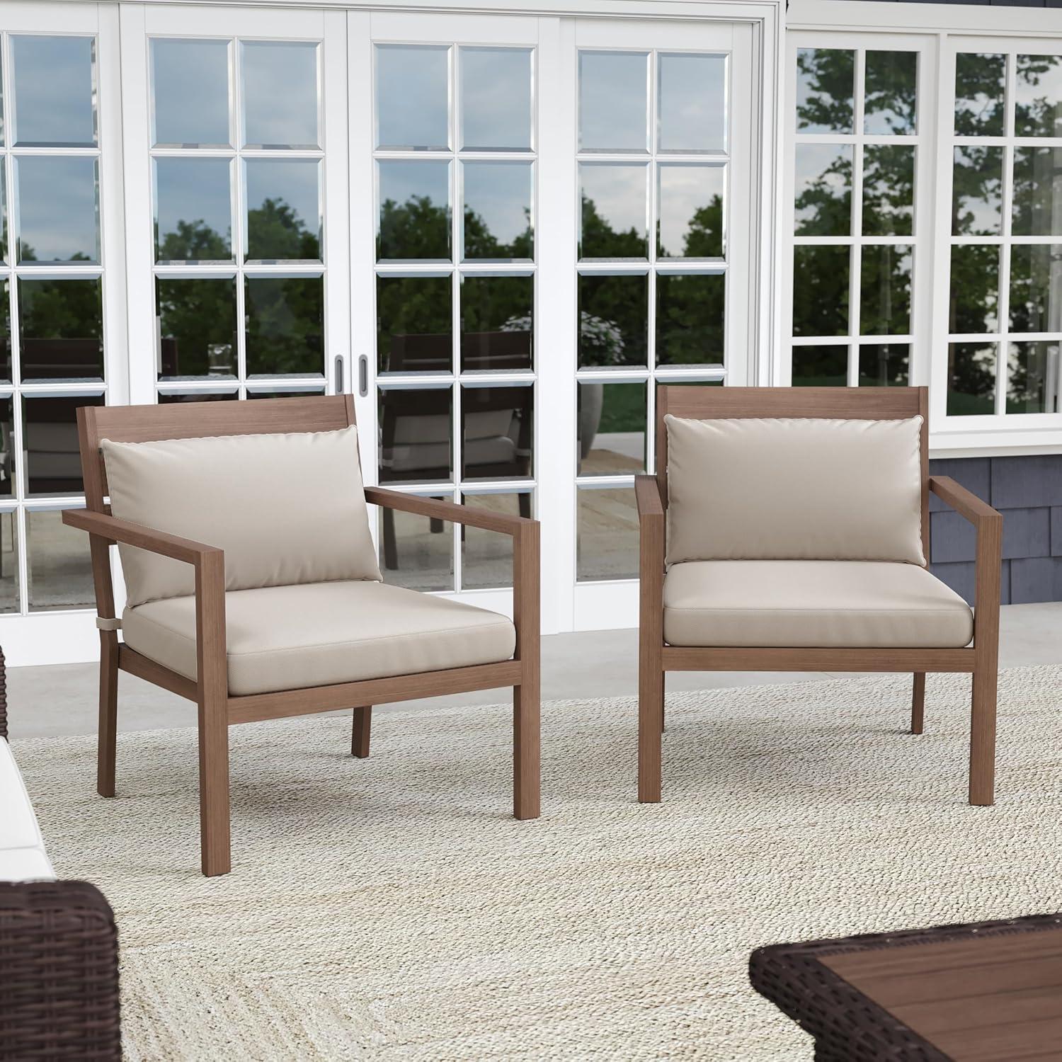 imageMartha Stewart Bedford IndoorOutdoor Aluminum Patio Accent Chairs with Brushed Woodgrain Finish in Gray and Gray AllWeather Cushions Set of 2Brown