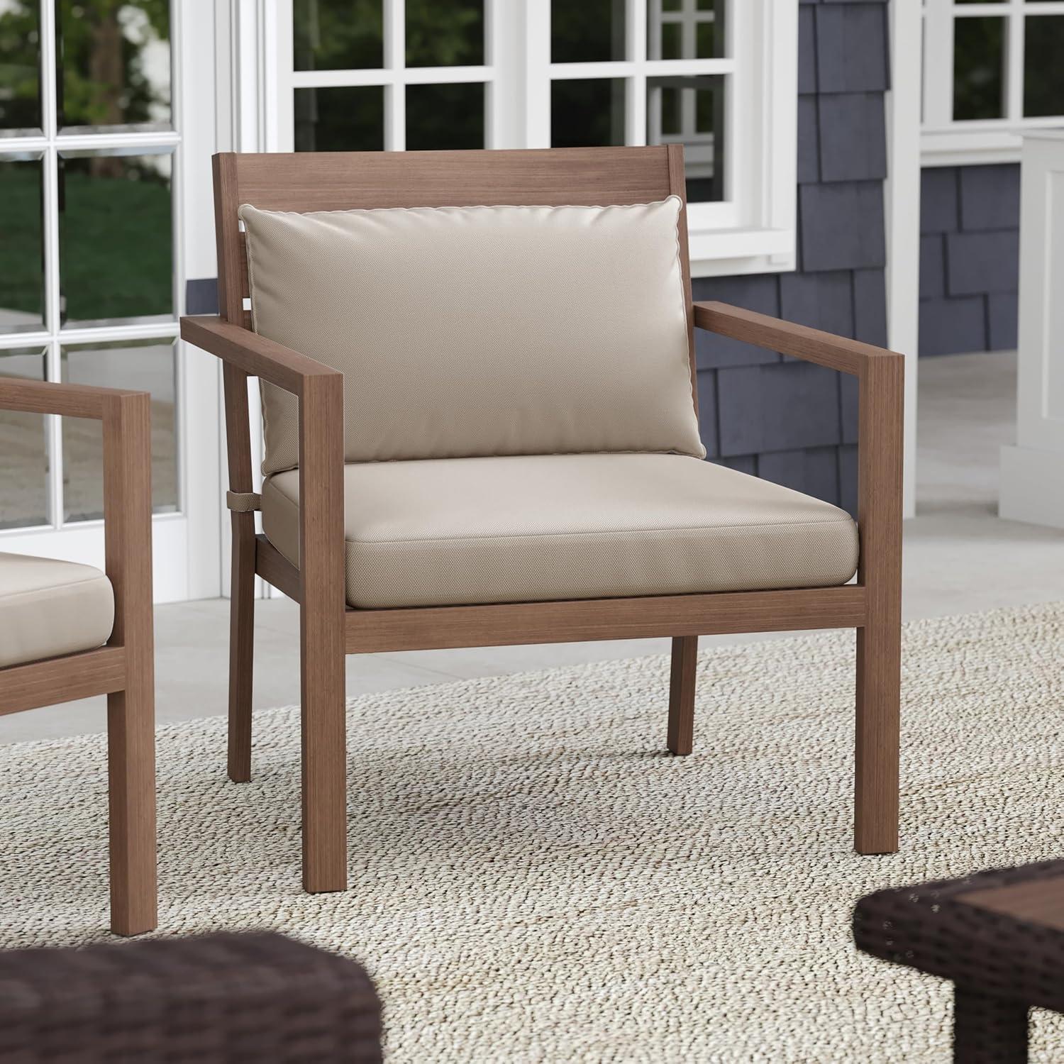 imageMartha Stewart Bedford IndoorOutdoor Aluminum Patio Accent Chairs with Brushed Woodgrain Finish in Gray and Gray AllWeather Cushions Set of 2Brown