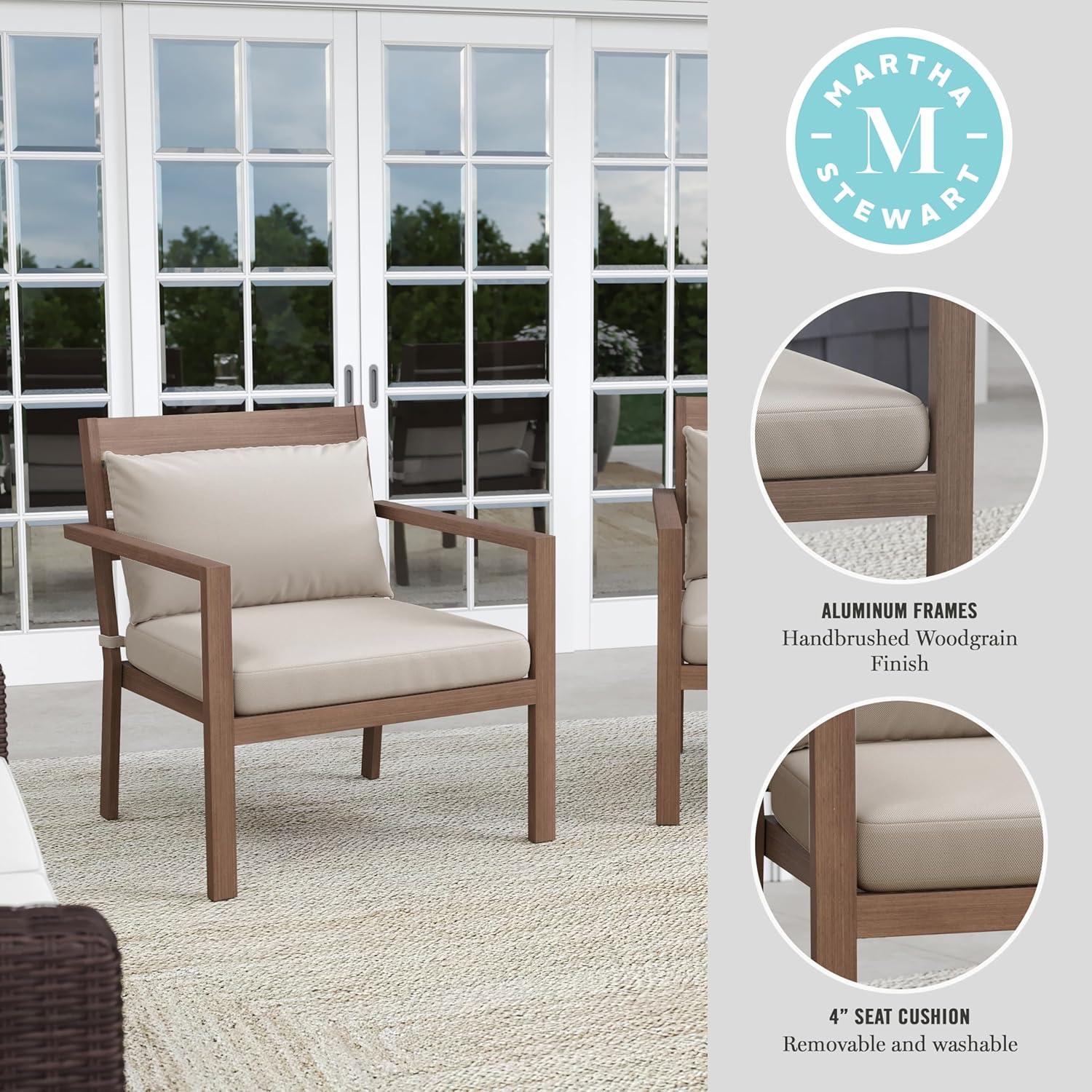 imageMartha Stewart Bedford IndoorOutdoor Aluminum Patio Accent Chairs with Brushed Woodgrain Finish in Gray and Gray AllWeather Cushions Set of 2Brown