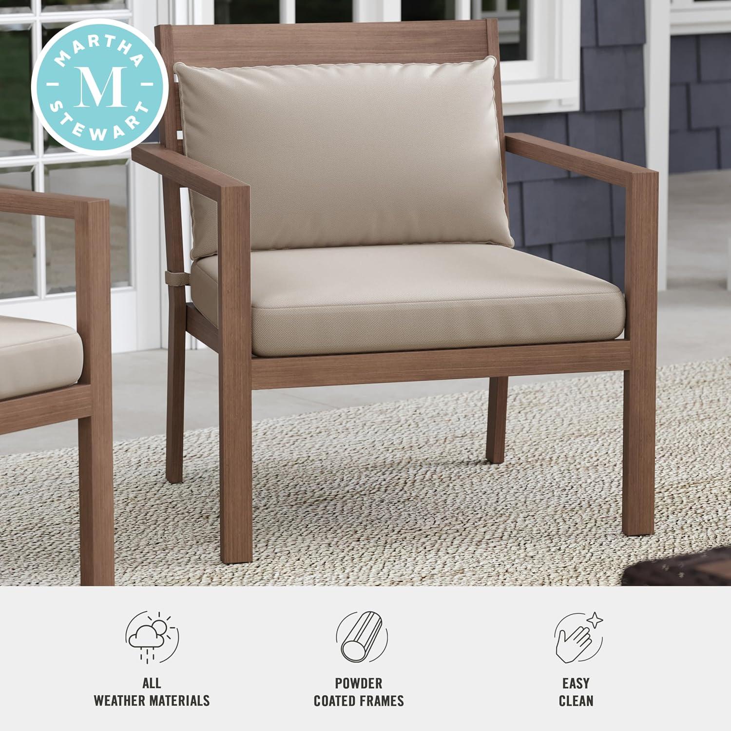 imageMartha Stewart Bedford IndoorOutdoor Aluminum Patio Accent Chairs with Brushed Woodgrain Finish in Gray and Gray AllWeather Cushions Set of 2Brown