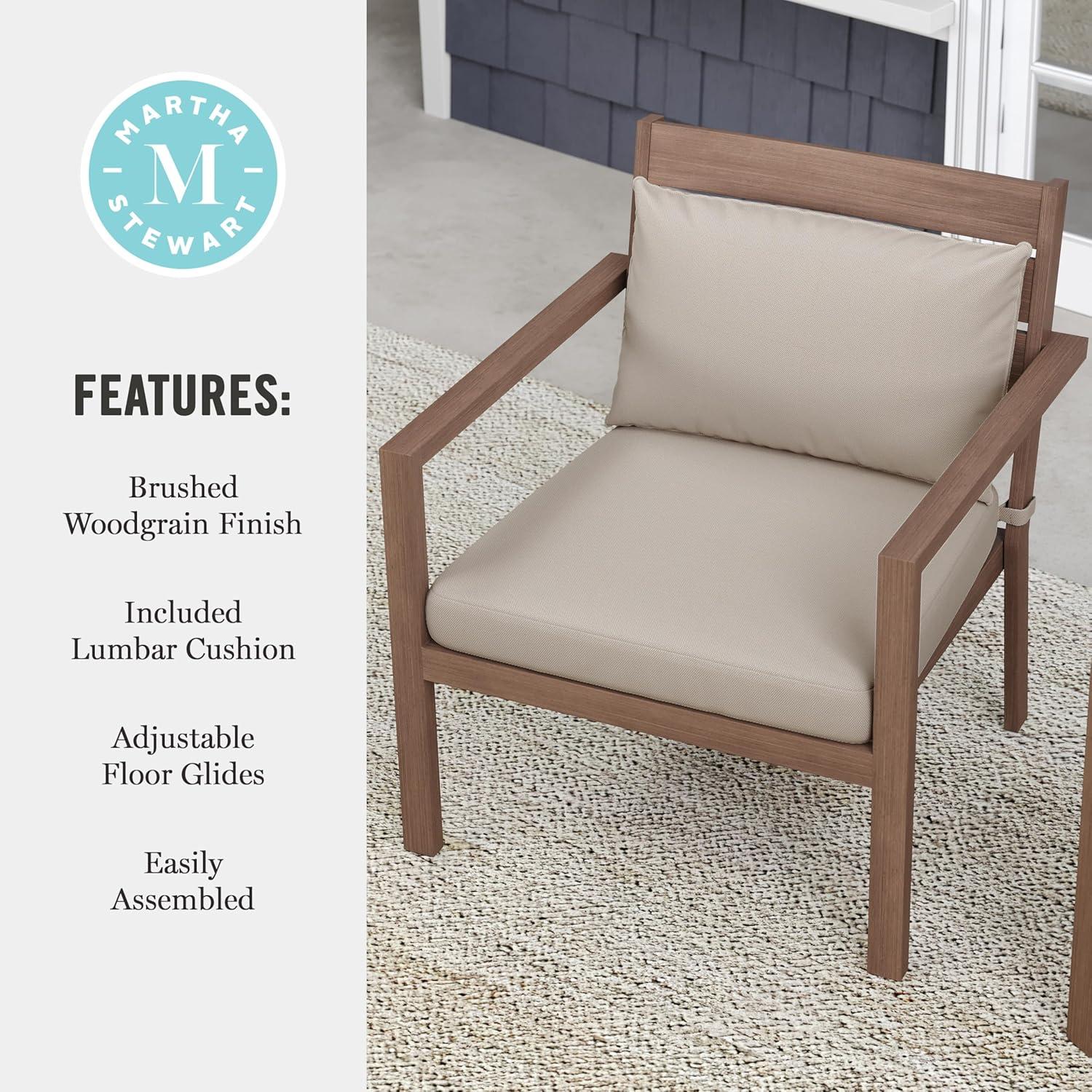 imageMartha Stewart Bedford IndoorOutdoor Aluminum Patio Accent Chairs with Brushed Woodgrain Finish in Gray and Gray AllWeather Cushions Set of 2Brown
