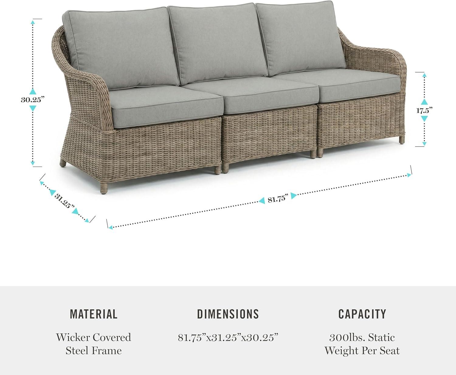 imageMartha Stewart Lily Pond IndoorOutdoor 3Seat Patio Sofa in Weathered Gray Rattan Wicker AllWeather Gray Back and Seat Cushions 300 Lb Static Weight Per Seat