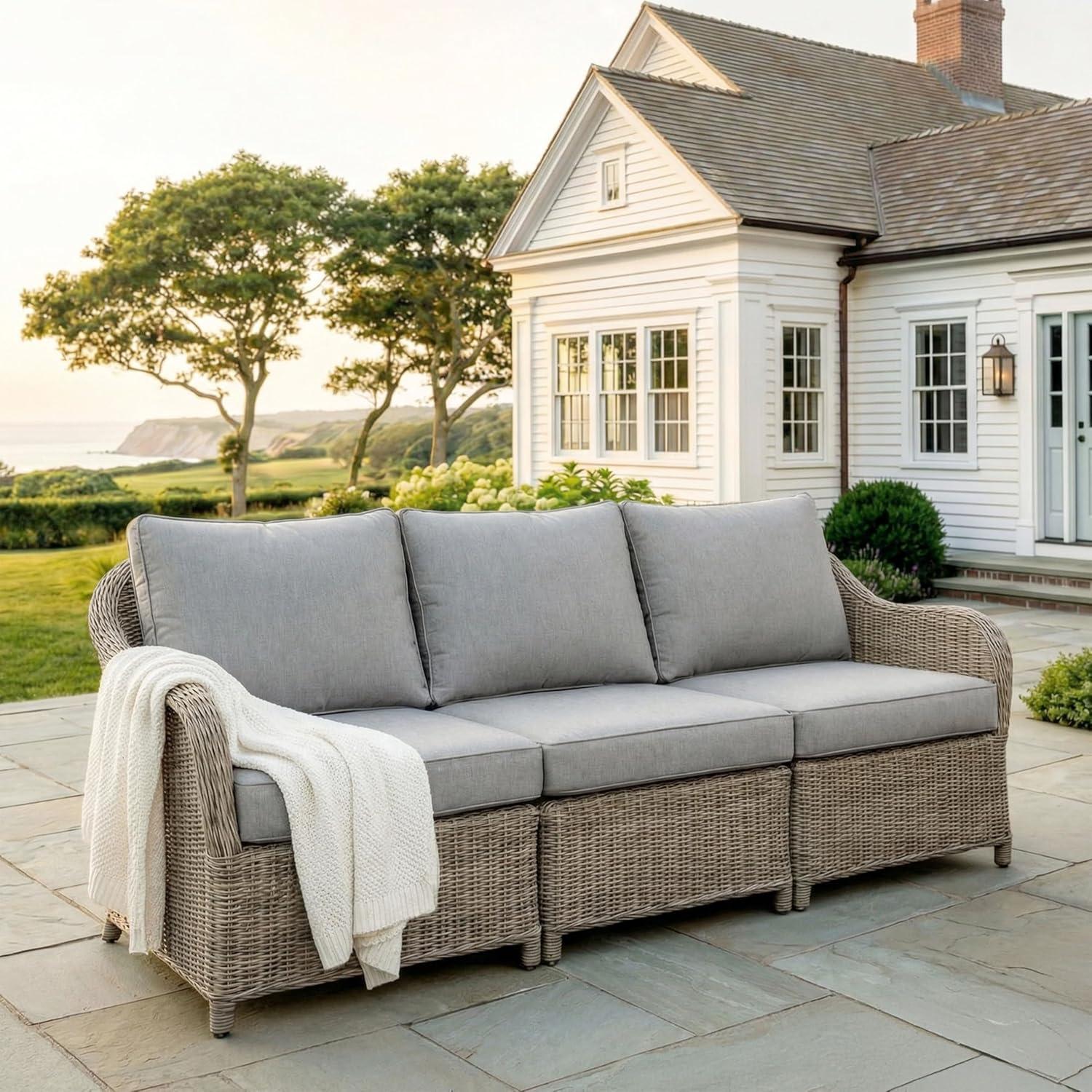 imageMartha Stewart Lily Pond IndoorOutdoor 3Seat Patio Sofa in Weathered Gray Rattan Wicker AllWeather Gray Back and Seat Cushions 300 Lb Static Weight Per Seat