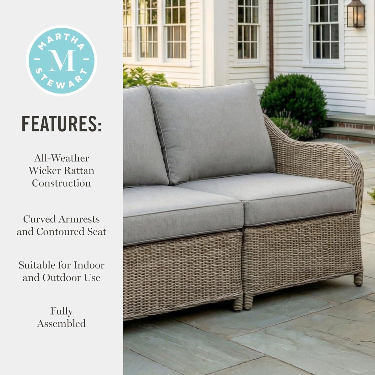 imageMartha Stewart Lily Pond IndoorOutdoor 3Seat Patio Sofa in Weathered Gray Rattan Wicker AllWeather Gray Back and Seat Cushions 300 Lb Static Weight Per Seat