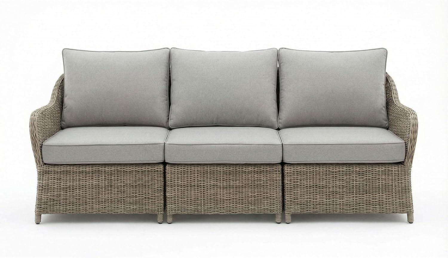 imageMartha Stewart Lily Pond IndoorOutdoor 3Seat Patio Sofa in Weathered Gray Rattan Wicker AllWeather Gray Back and Seat Cushions 300 Lb Static Weight Per Seat