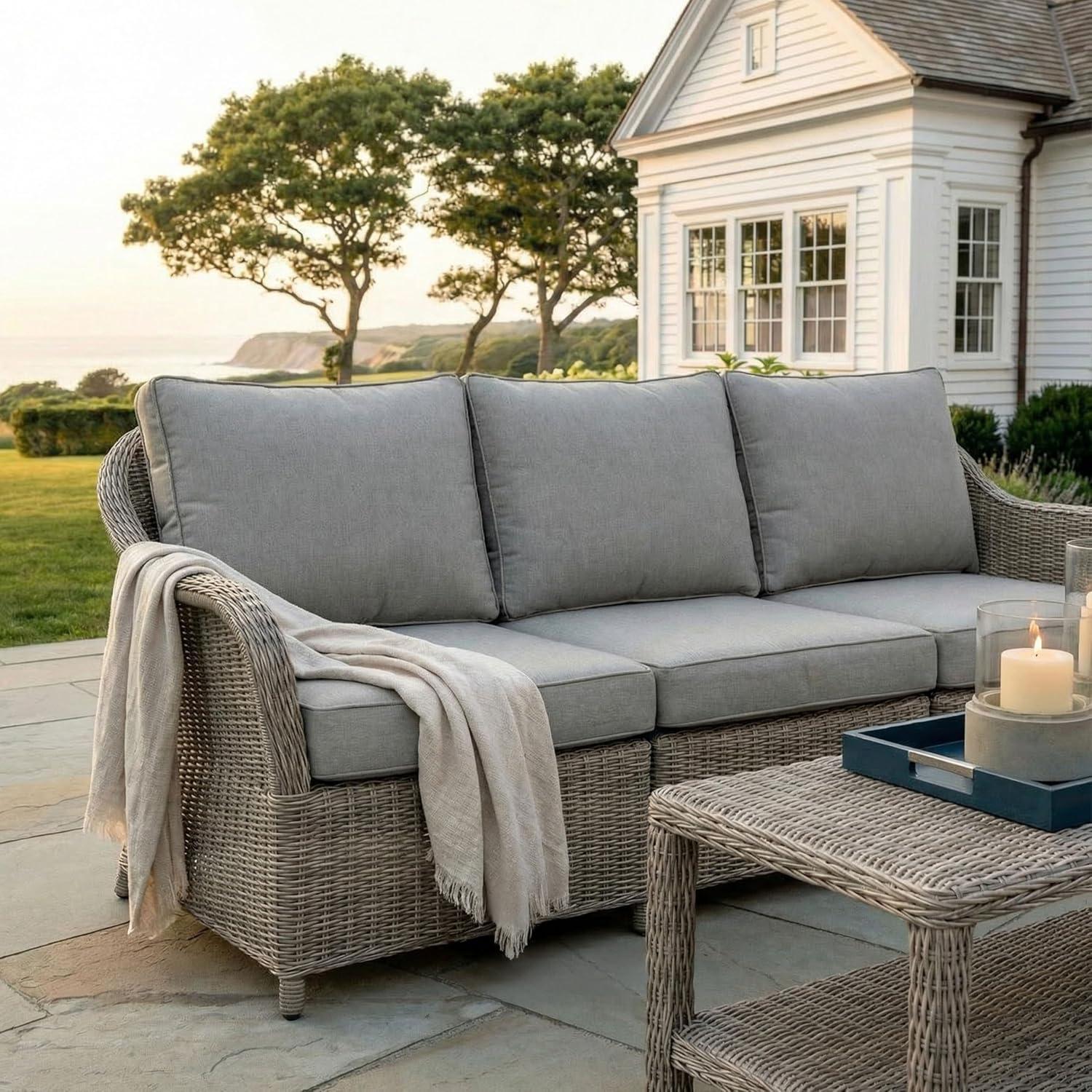 imageMartha Stewart Lily Pond IndoorOutdoor 3Seat Patio Sofa in Weathered Gray Rattan Wicker AllWeather Gray Back and Seat Cushions 300 Lb Static Weight Per Seat
