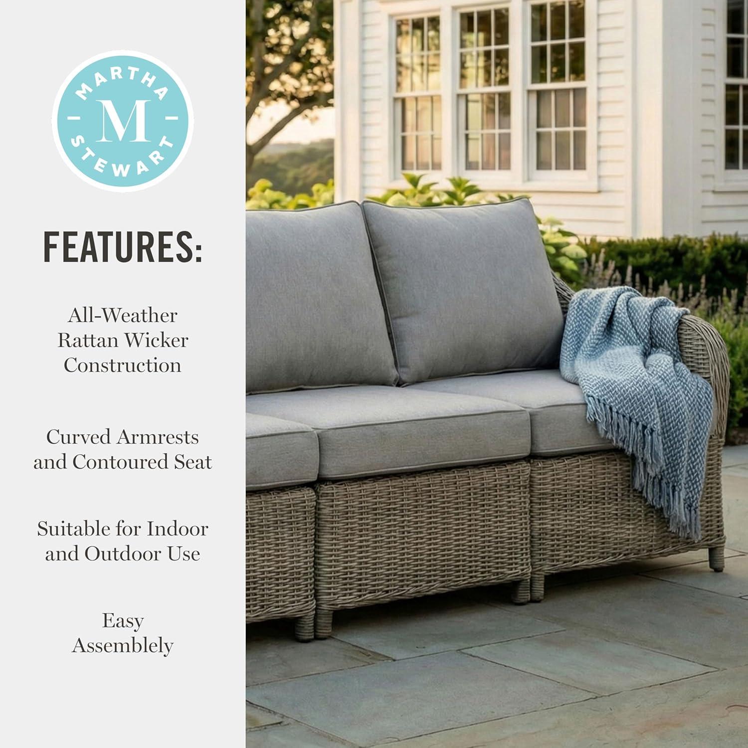 imageMartha Stewart Lily Pond IndoorOutdoor 4Seat Patio Sofa in Weathered Gray Rattan Wicker AllWeather Gray Back and Seat Cushions 300 Lb Static Weight Per Seat