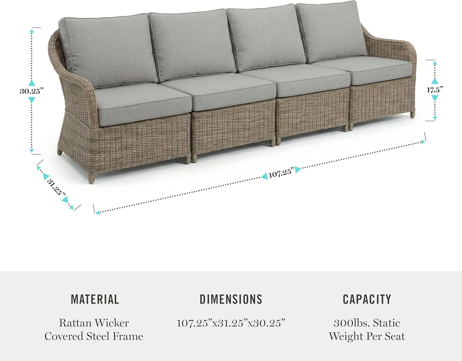 imageMartha Stewart Lily Pond IndoorOutdoor 4Seat Patio Sofa in Weathered Gray Rattan Wicker AllWeather Gray Back and Seat Cushions 300 Lb Static Weight Per Seat