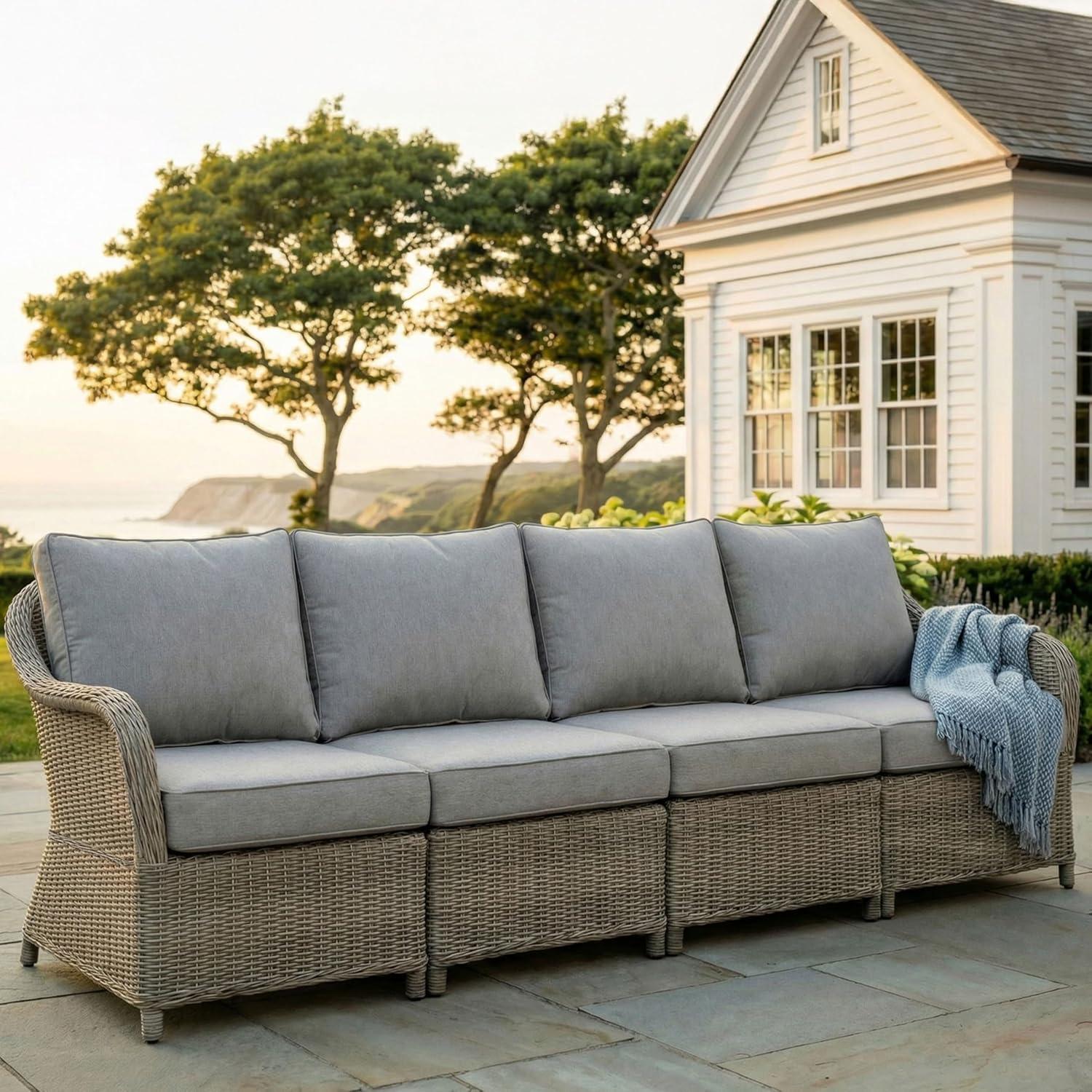 imageMartha Stewart Lily Pond IndoorOutdoor 4Seat Patio Sofa in Weathered Gray Rattan Wicker AllWeather Gray Back and Seat Cushions 300 Lb Static Weight Per Seat
