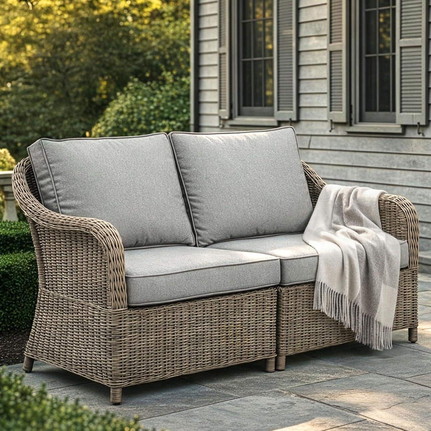 imageMartha Stewart Lily Pond IndoorOutdoor Patio Loveseat in Weathered Gray Rattan Wicker with AllWeather Gray Back and Seat Cushions 300 Lb Static Weight Per Seat