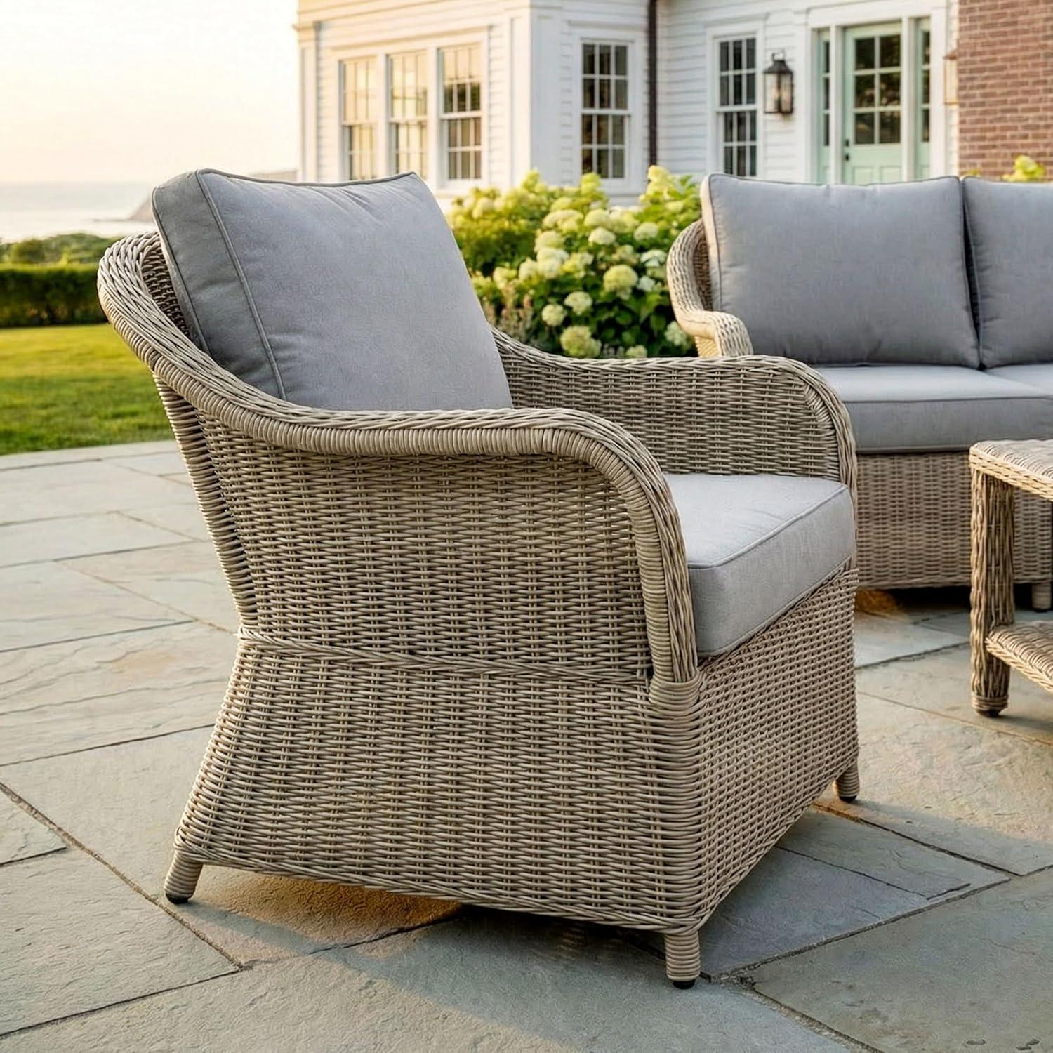 imageMartha Stewart Lily Pond IndoorOutdoor Weathered Gray Rattan Wicker Patio Club Chair with AllWeather Gray Back and Seat Cushions 300 Lb Static Weight CapacitySet of 2