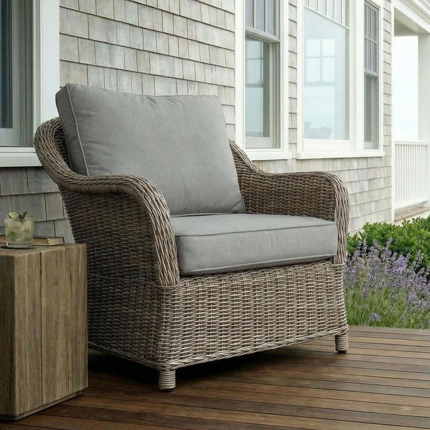 imageMartha Stewart Lily Pond IndoorOutdoor Weathered Gray Rattan Wicker Patio Club Chair with AllWeather Gray Back and Seat Cushions 300 Lb Static Weight CapacitySet of 1