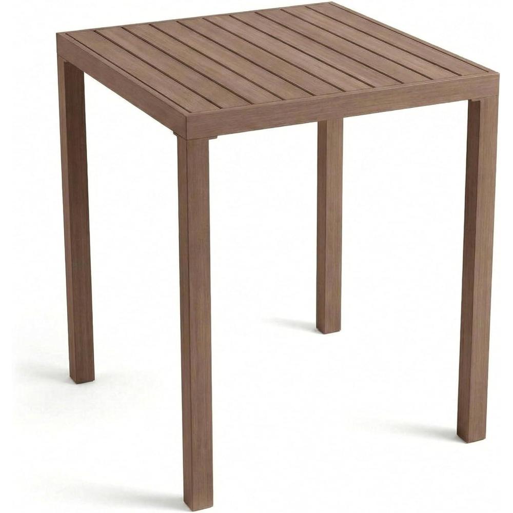imageMartha Stewart Bedford 355 Square Bar Height Patio Table with Trestle Base IndoorOutdoor Aluminum Dining Table with Seating for 4 Brushed Gray Woodgrain FinishBrown