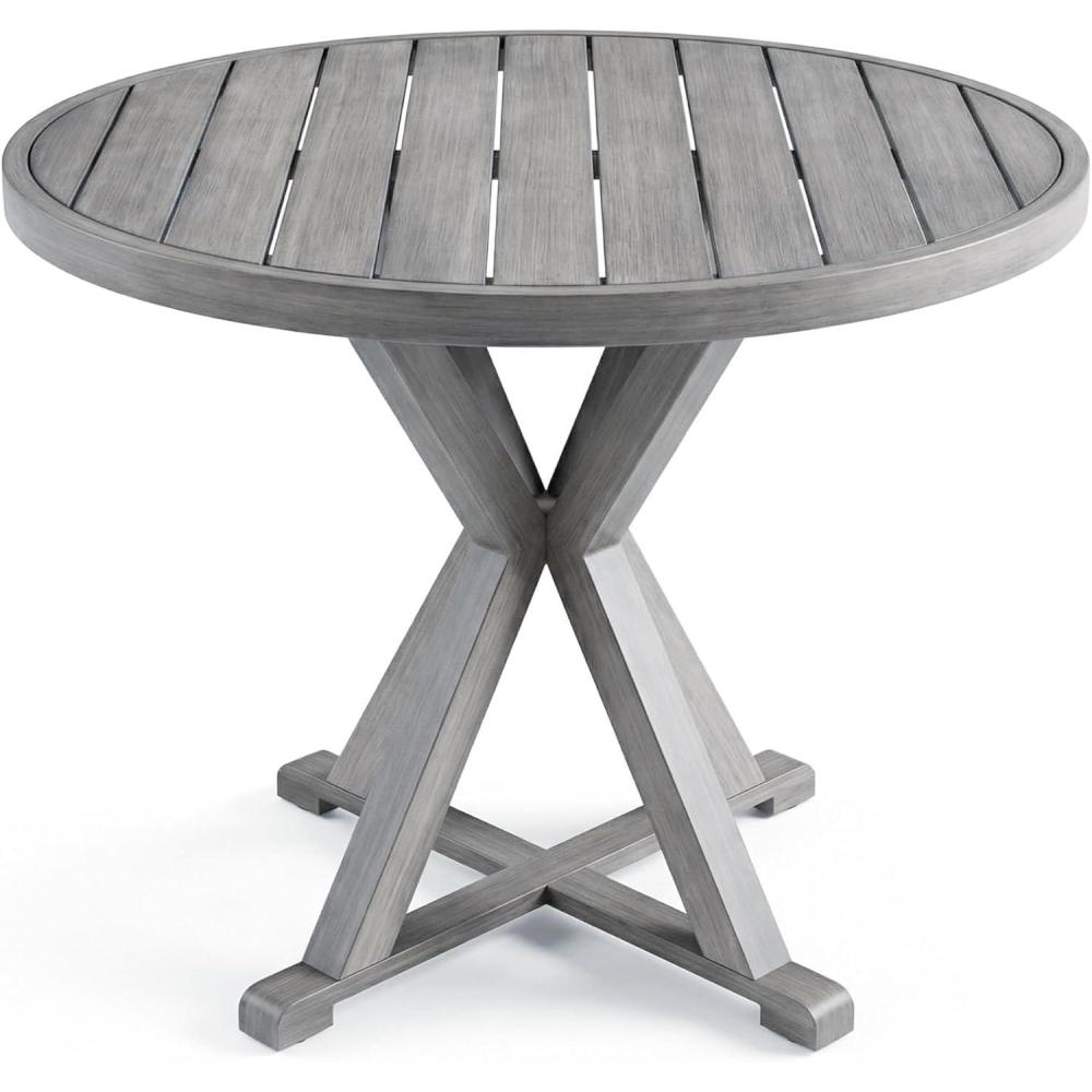 imageMartha Stewart Bedford 36 Round IndoorOutdoor Aluminum Patio Dining Table with Trestle Base Accommodates up to 4 Adults Brushed Brown Woodgrain FinishGrey