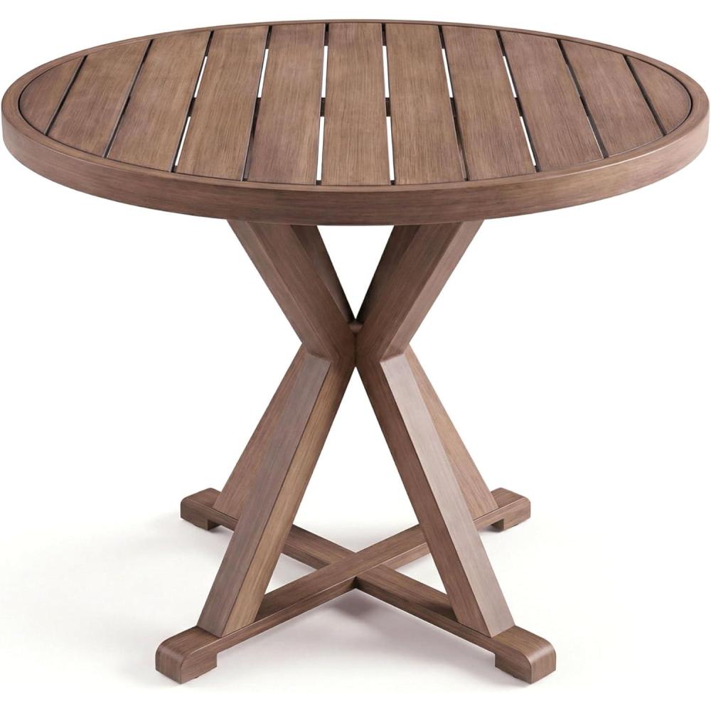 imageMartha Stewart Bedford 36 Round IndoorOutdoor Aluminum Patio Dining Table with Trestle Base Accommodates up to 4 Adults Brushed Brown Woodgrain FinishBrown