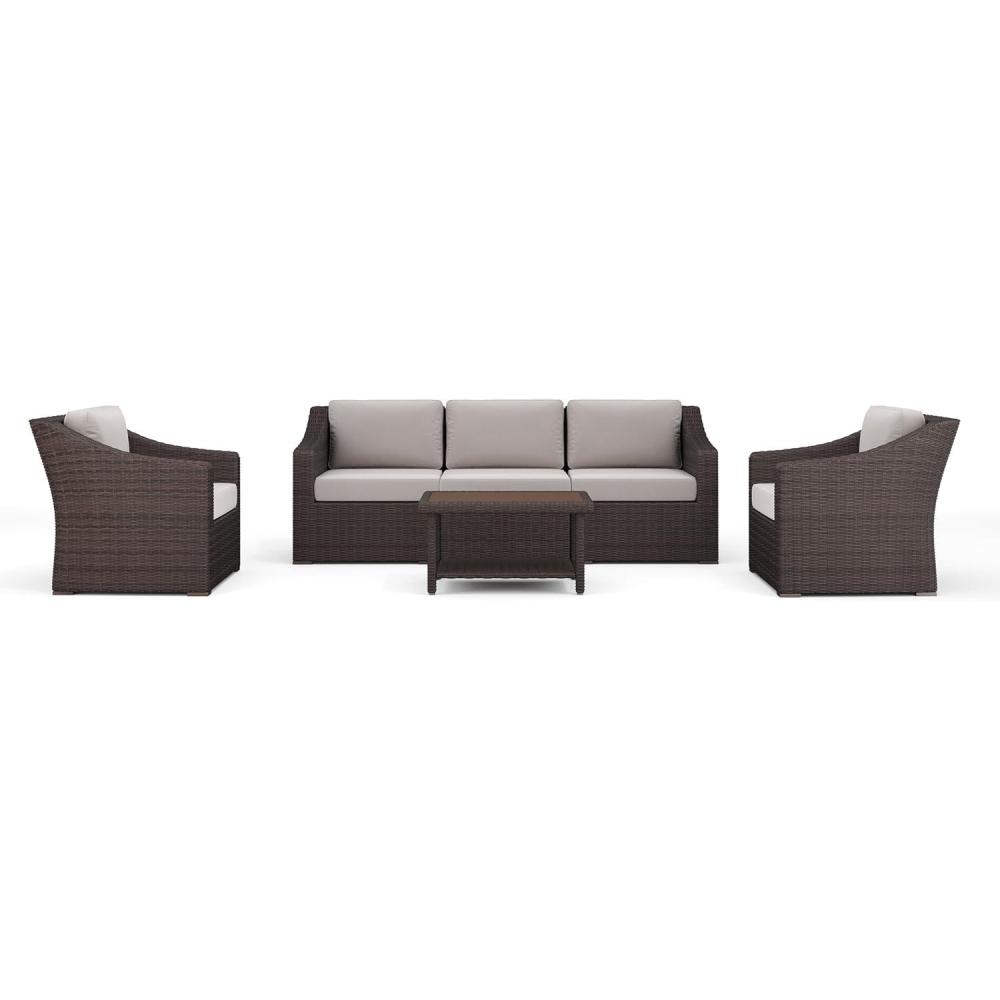 imageMartha Stewart Bedford 4Piece IndoorOutdoor Conversation Set with Sofa 2 Accent Chairs and Coffee Table in Gray Rattan Wicker with Gray AllWeather CushionsTan CushionsBrown Frame